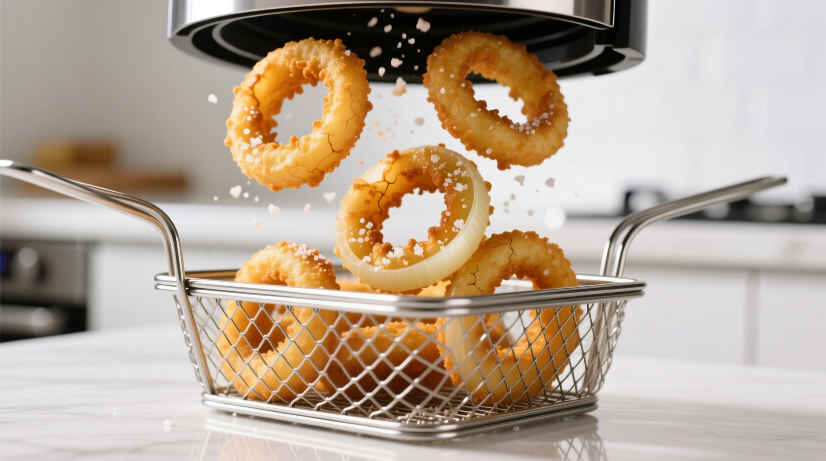 Crispy golden onion rings in air fryer basket