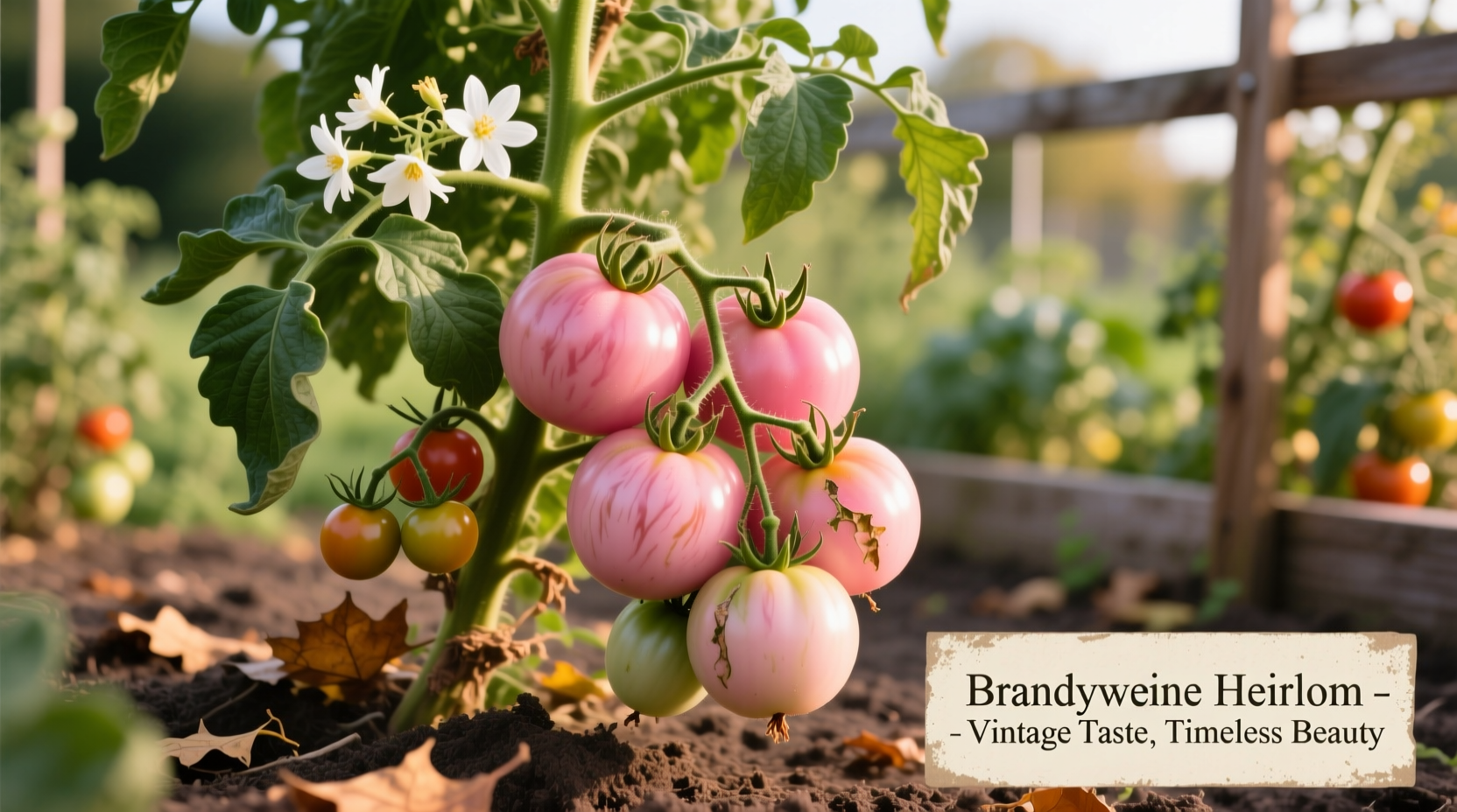 Brandywine tomato plant with pink heirloom fruits