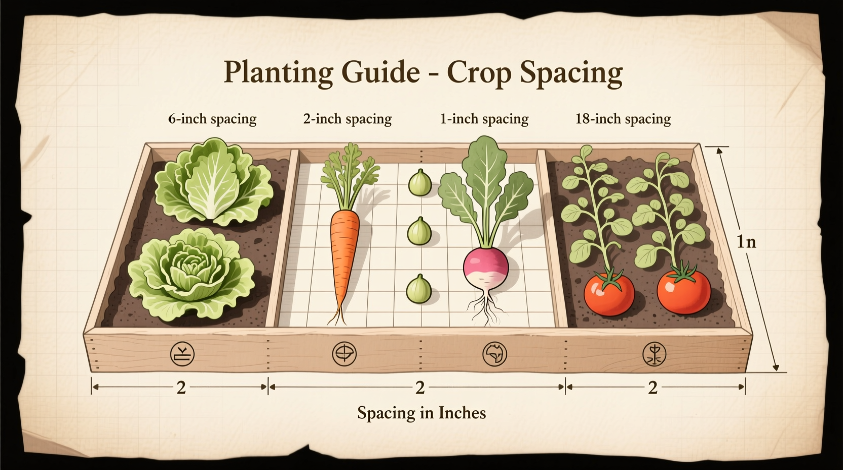 DIY box garden layout with crop spacing diagram