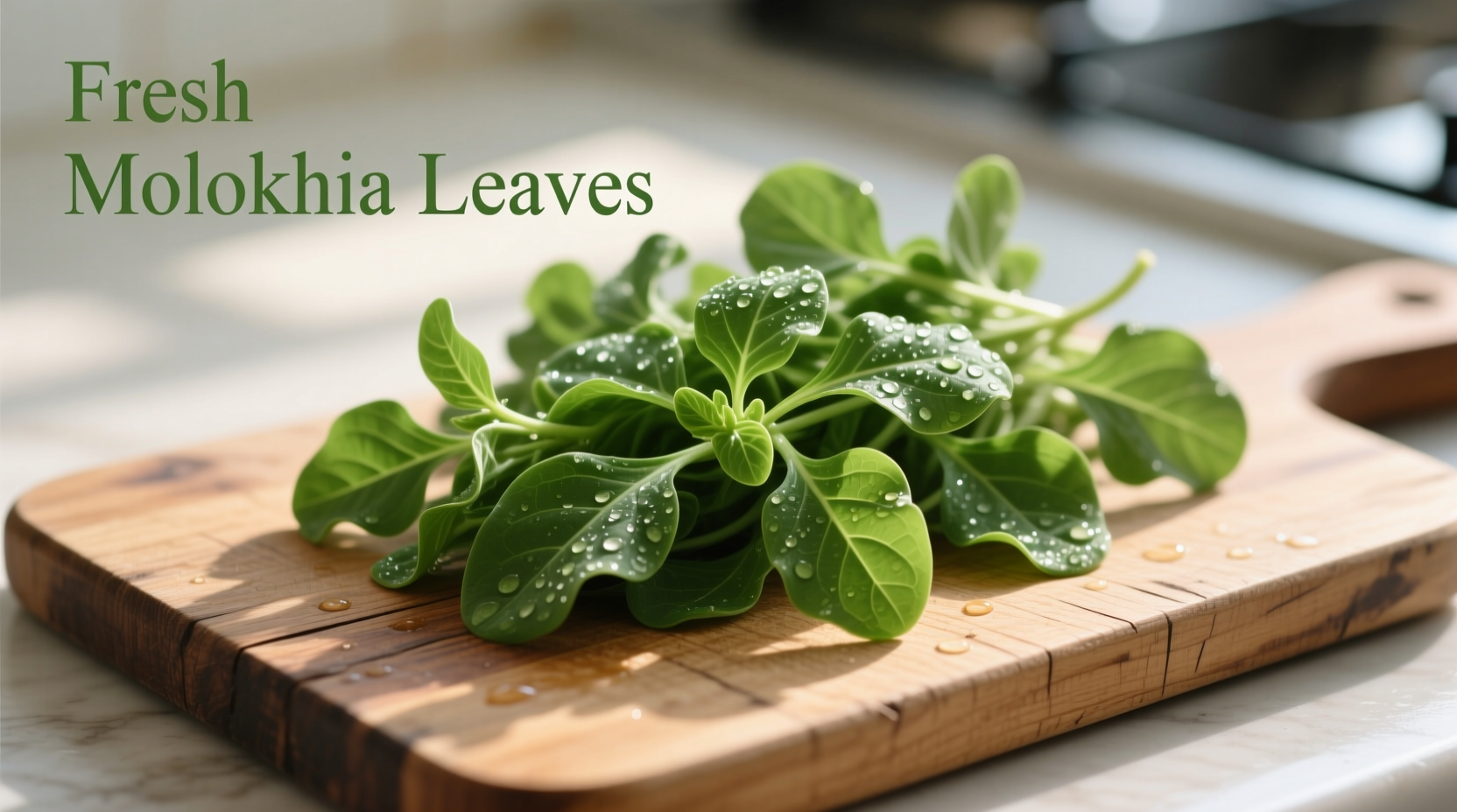 Fresh molokhia leaves on wooden cutting board
