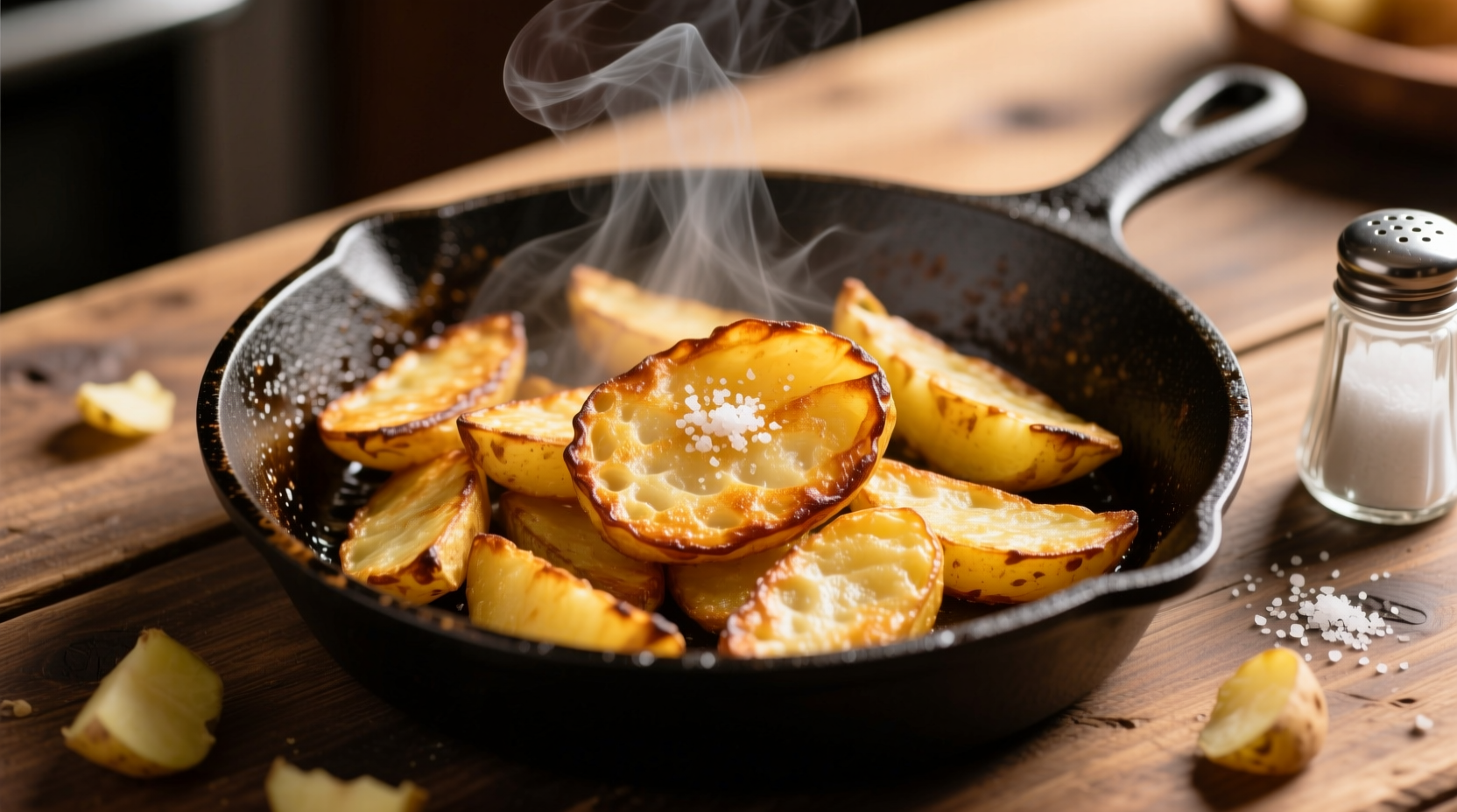Golden crispy hash browns in cast iron skillet