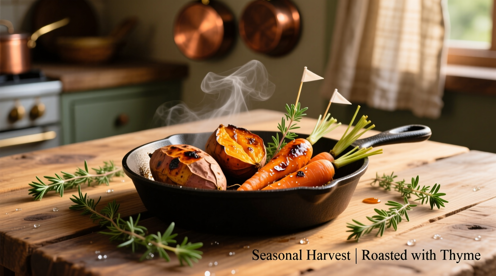 Roasted sweet potatoes and carrots with fresh thyme garnish