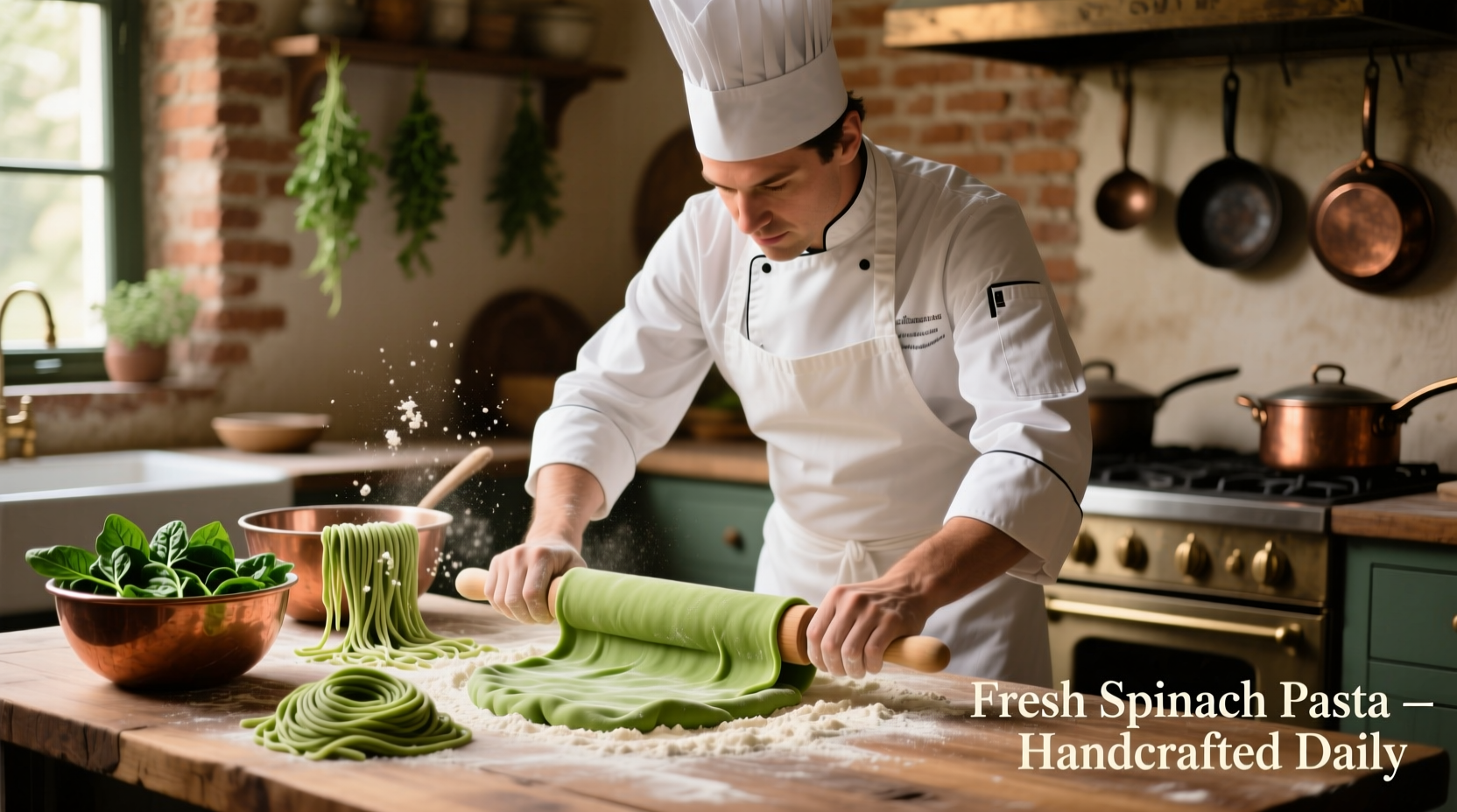 Chef preparing fresh pasta with spinach