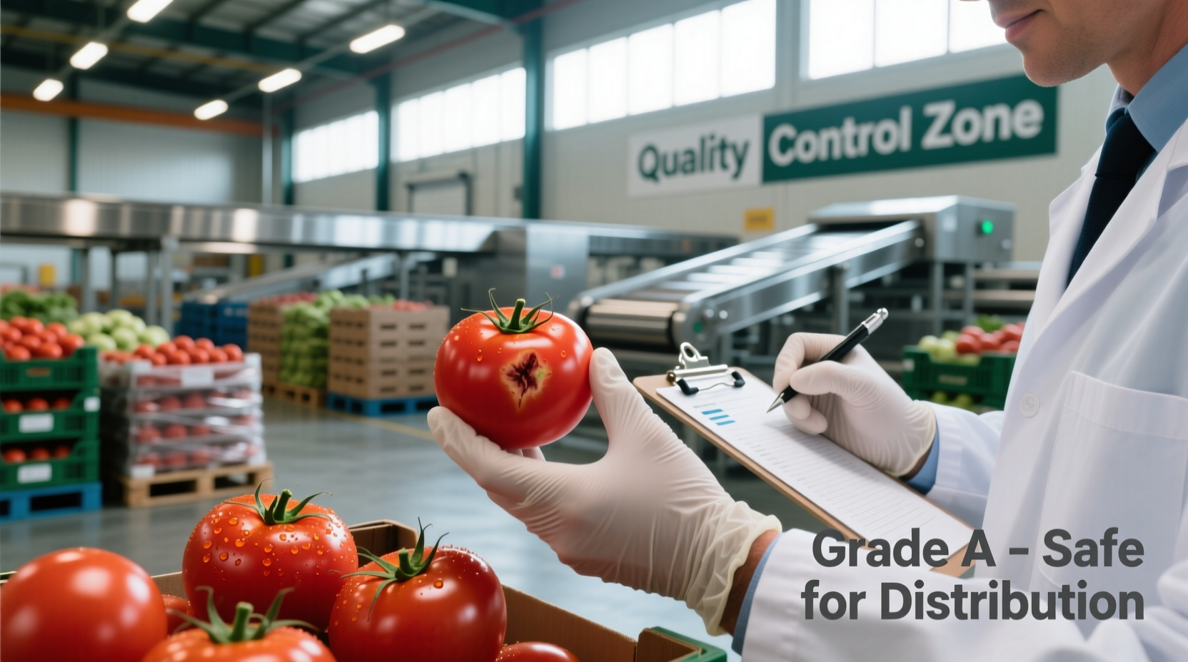 Food safety inspector examining tomatoes at distribution center