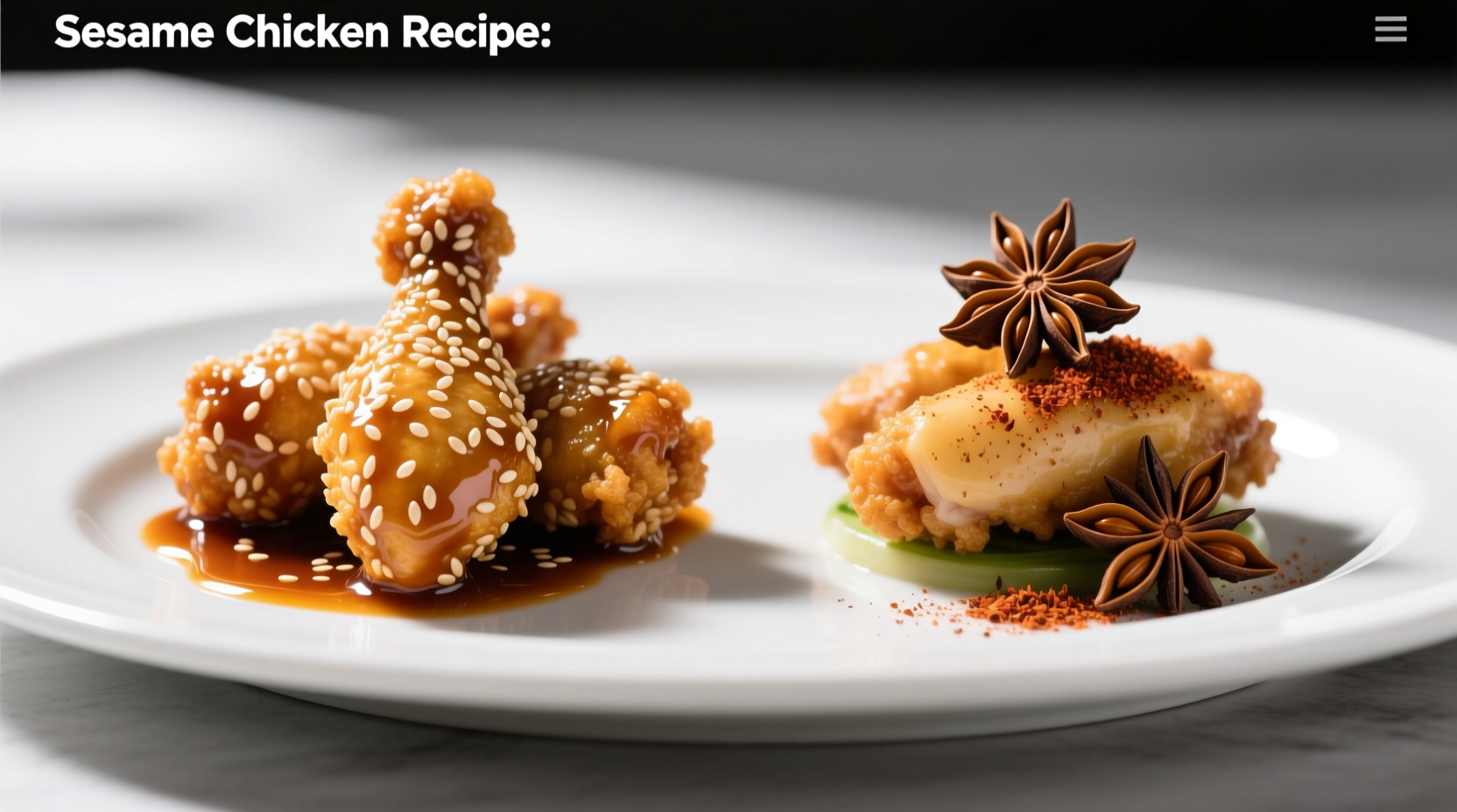 Side-by-side comparison: traditional sesame chicken vs. version with star anise and Sichuan pepper garnish