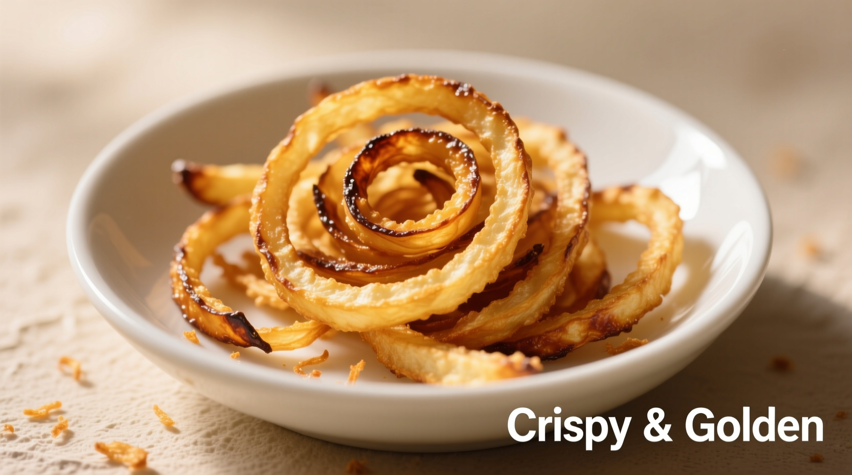 Golden crispy french fried onions in a bowl