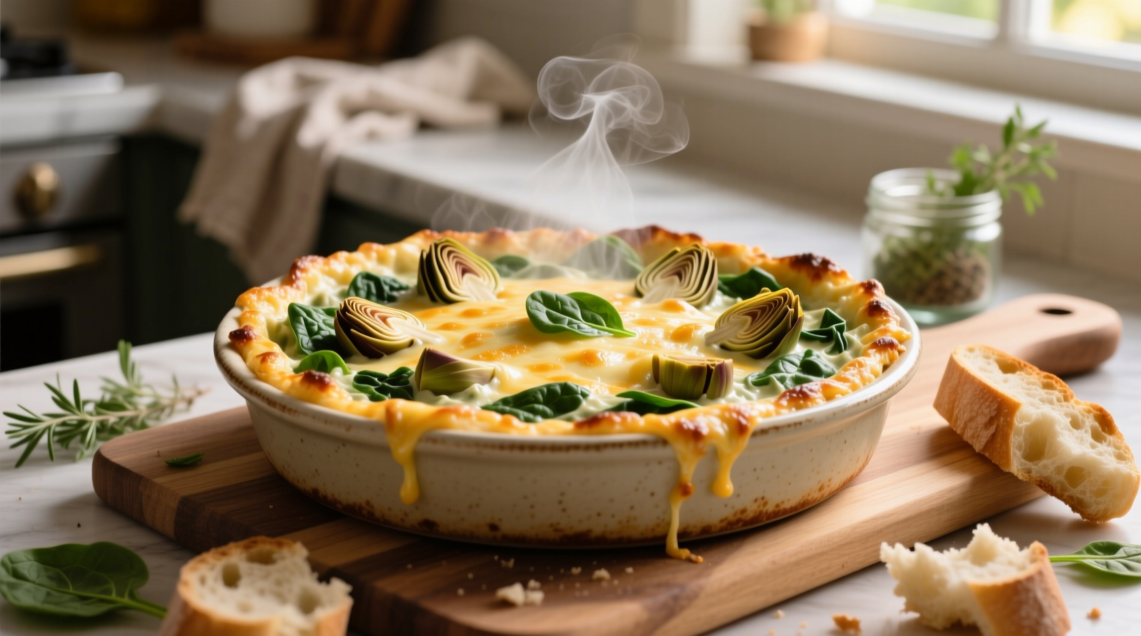 Homemade spinach artichoke dip in baking dish
