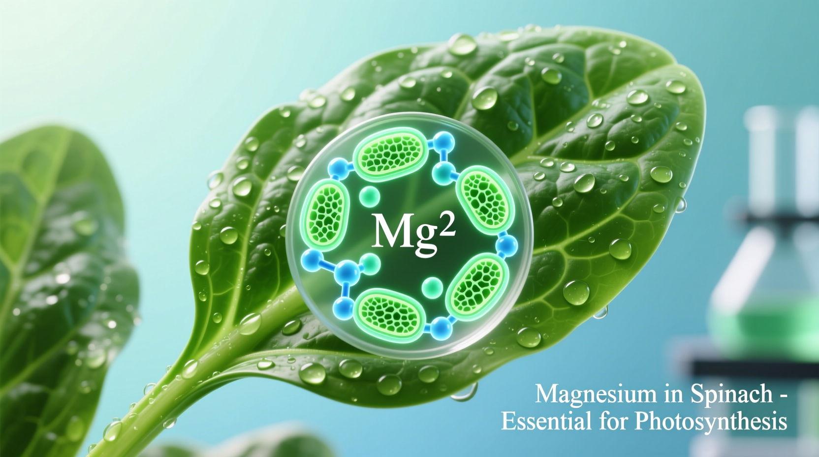 Fresh spinach leaves with magnesium molecular structure