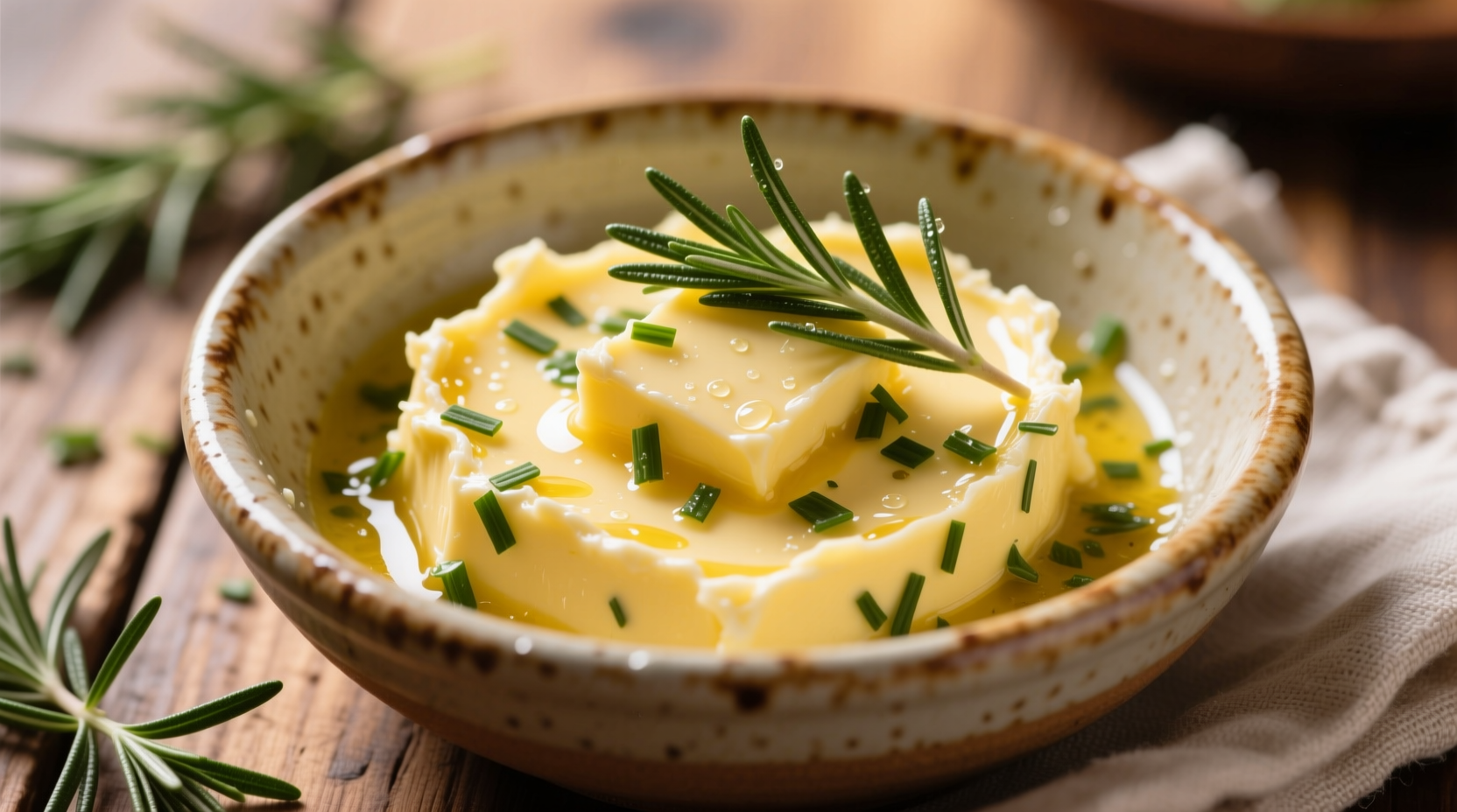 Freshly made garlic butter in a ceramic bowl with herbs