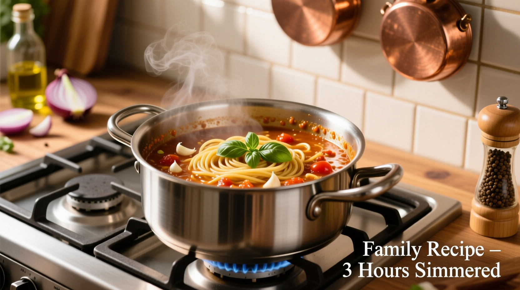 Homemade spaghetti sauce simmering in stainless steel pot