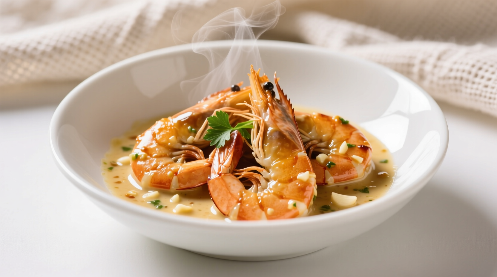 Perfectly cooked shrimp with garlic sauce in white bowl