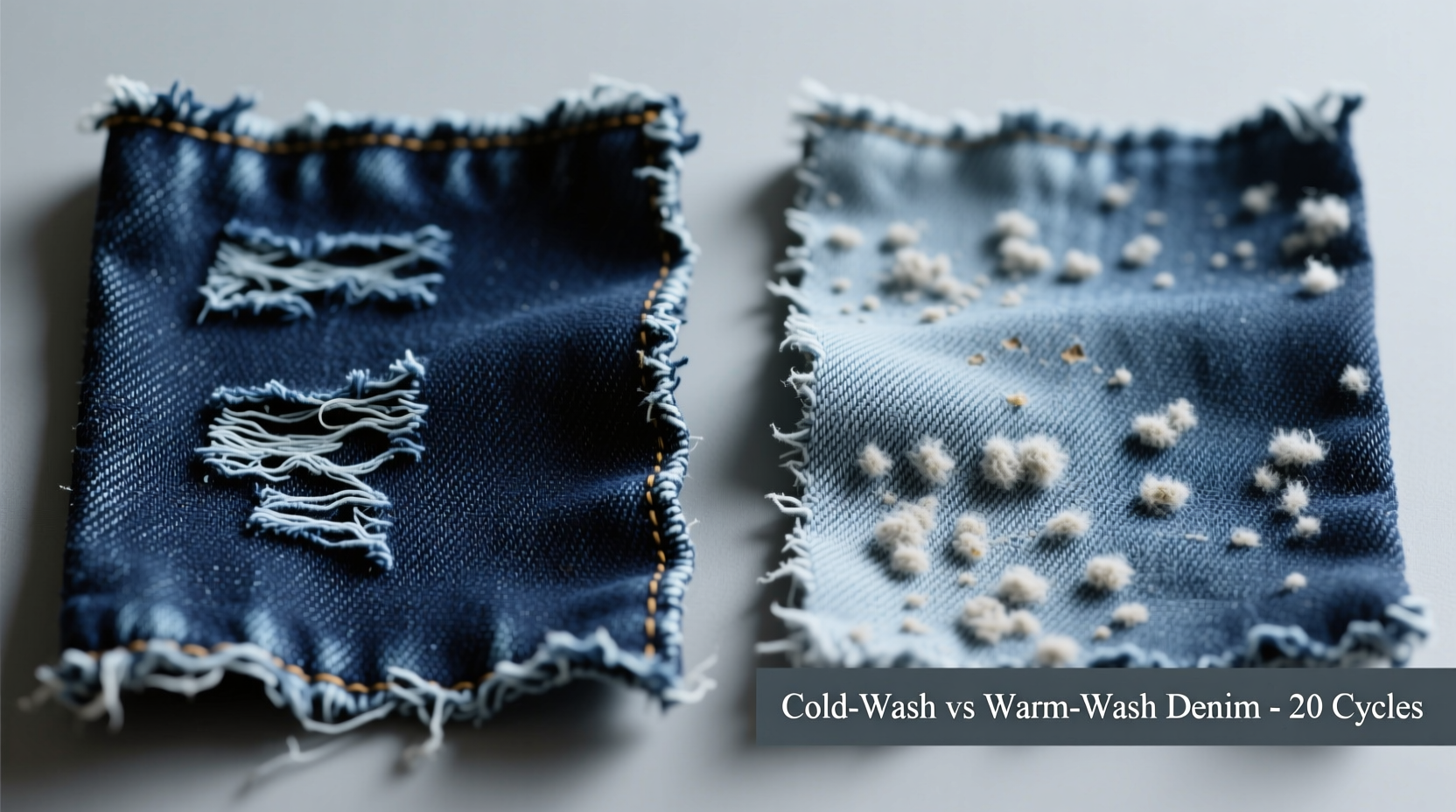 Side-by-side macro photos of identical dark denim swatches: left washed 20x in cold water (rich, variegated indigo), right washed 20x in warm water (uniform, pale blue-gray with visible pilling)