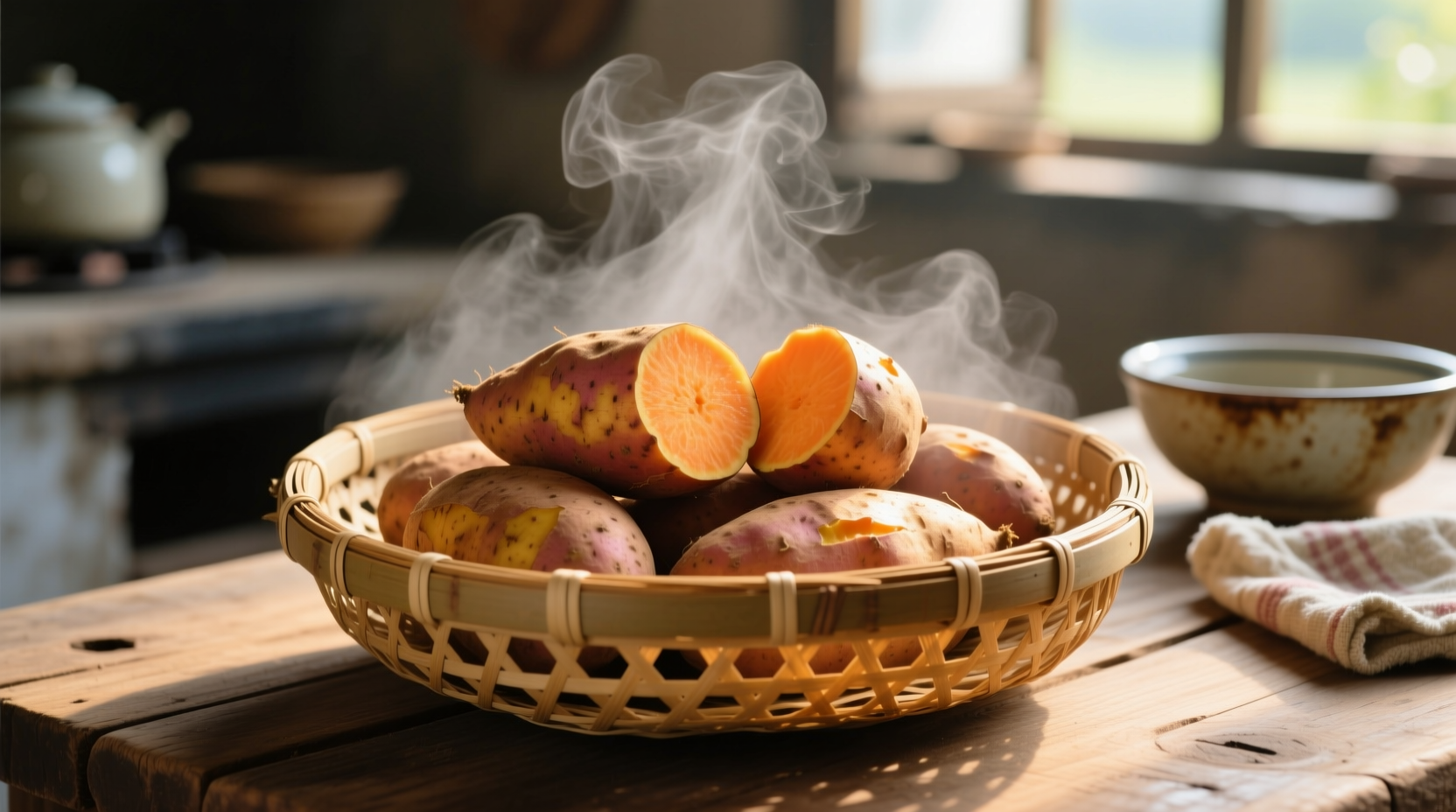 Perfectly steamed sweet potatoes in bamboo basket