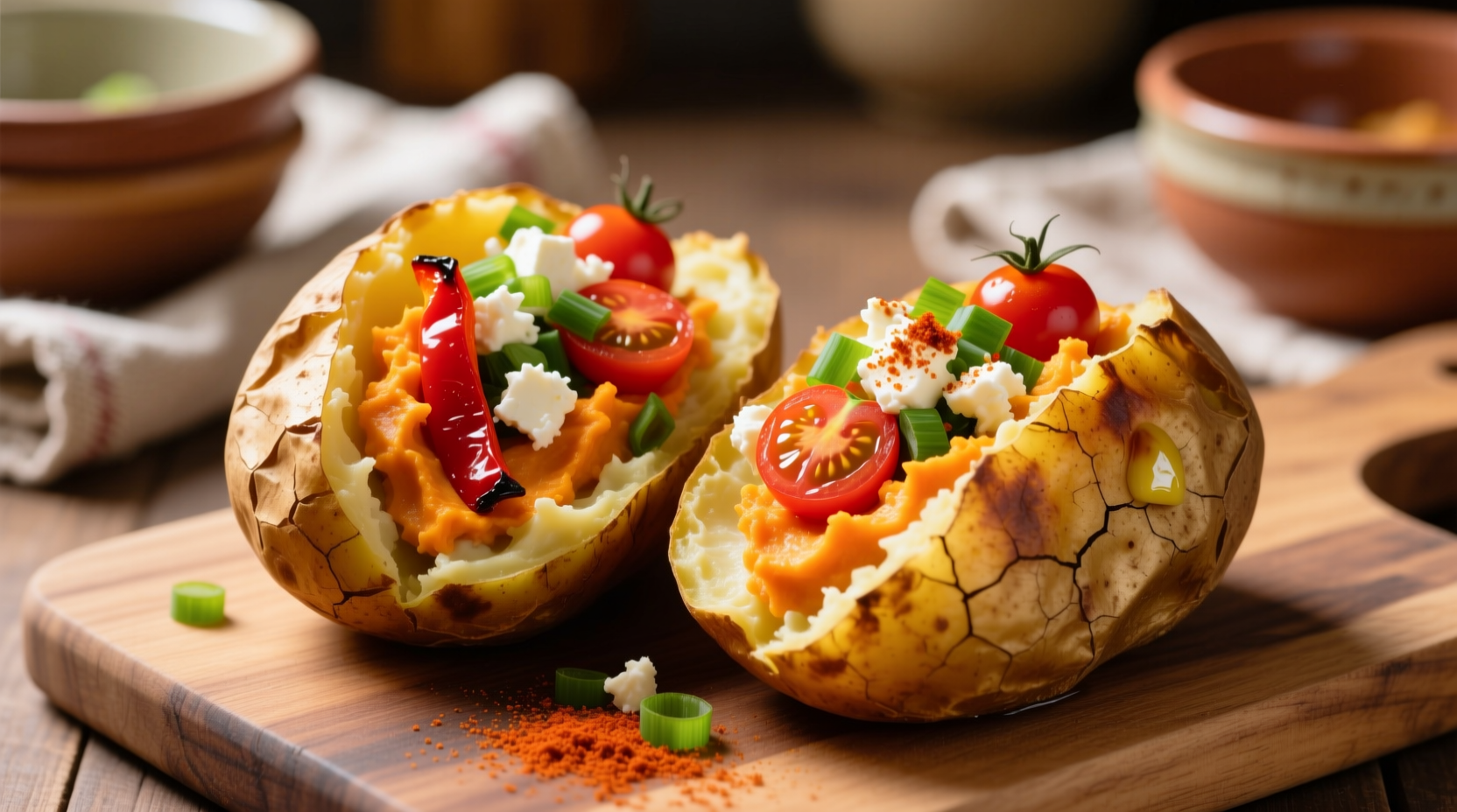 Golden baked potato halves filled with colorful ingredients