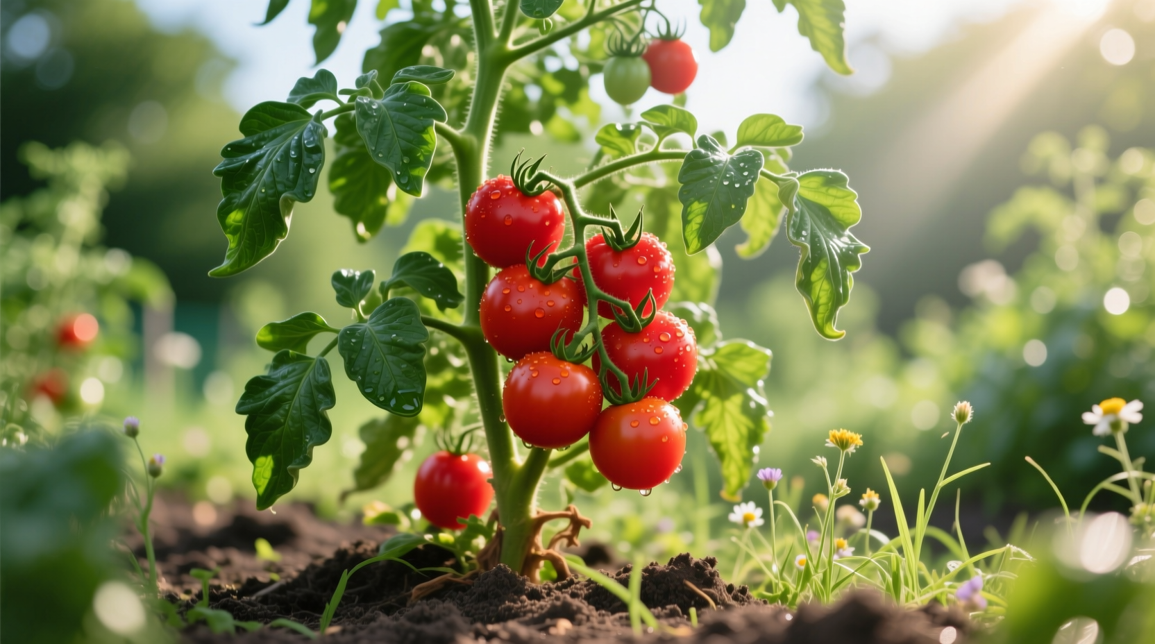 Healthy tomato plant with red fruits in garden