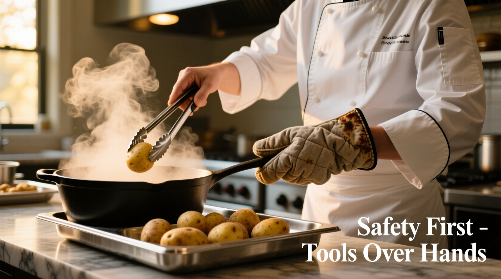 Chef safely handling hot potatoes with proper tools