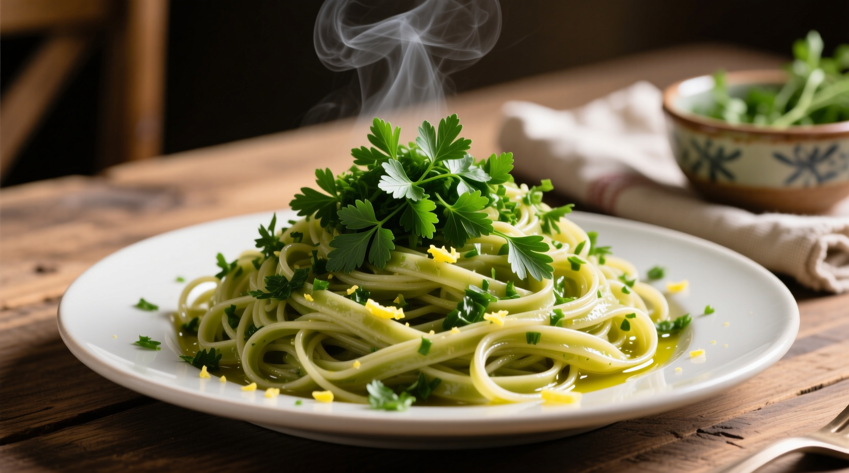 Fresh flat-leaf parsley chopped and sprinkled over linguine