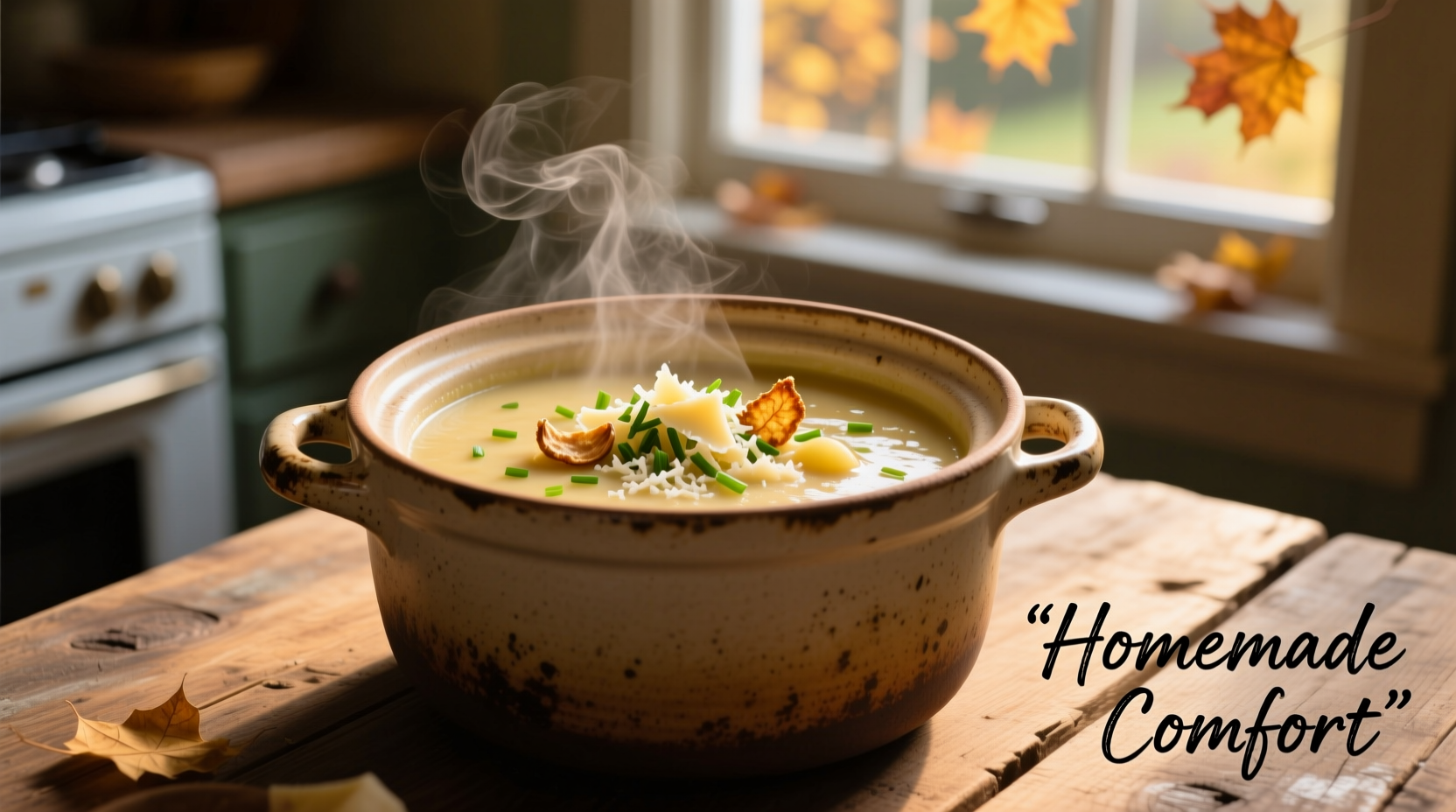 Crockpot filled with creamy potato soup and garnishes