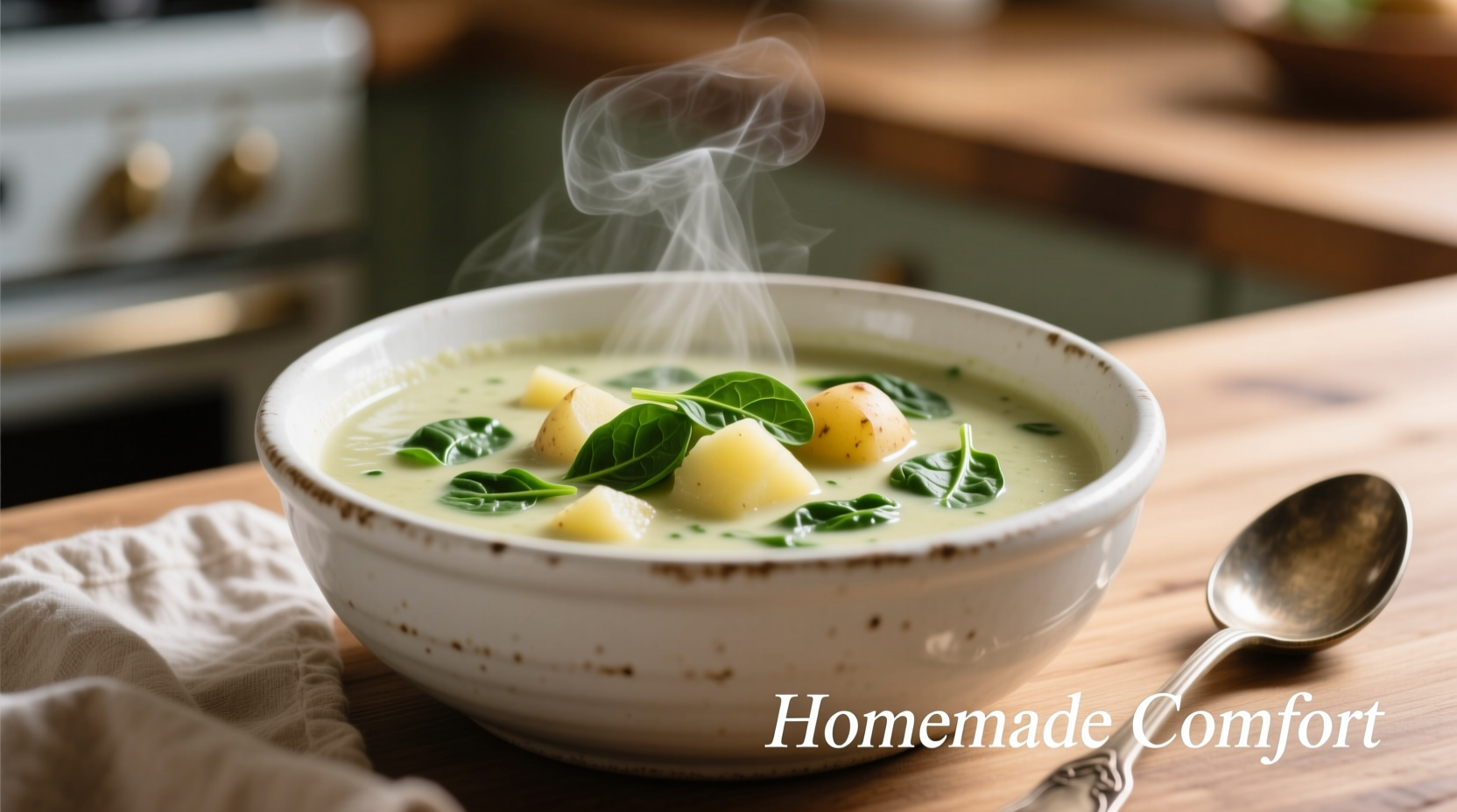 Creamy spinach and potato soup in white bowl