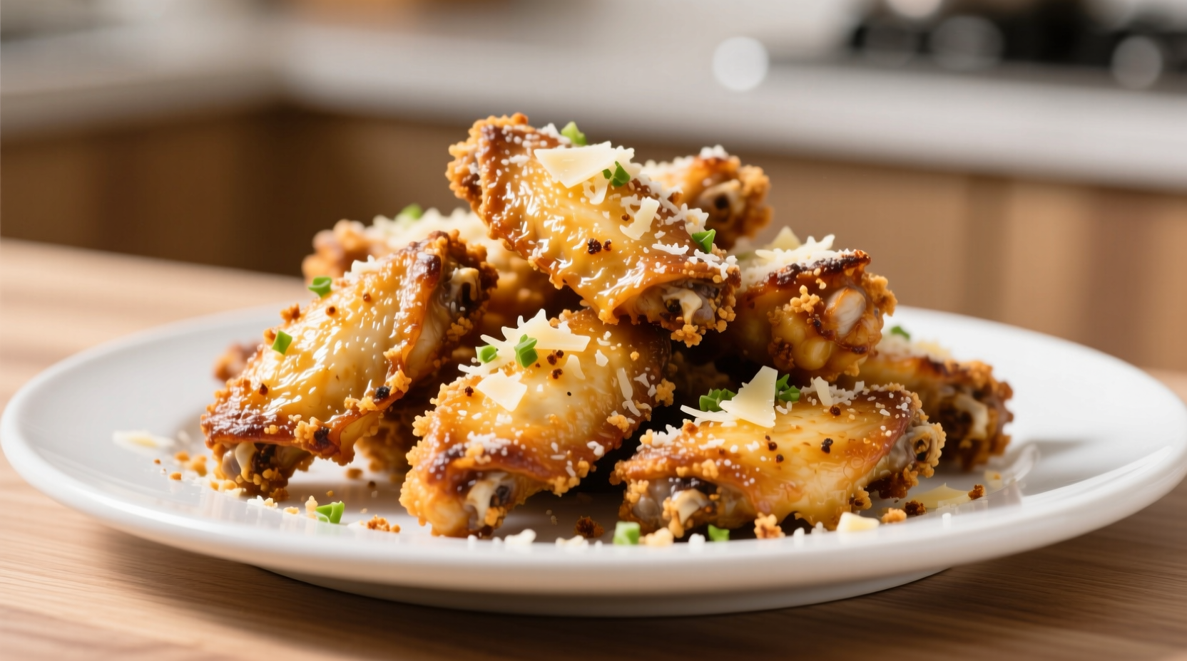 Crispy golden garlic parmesan wings on white plate