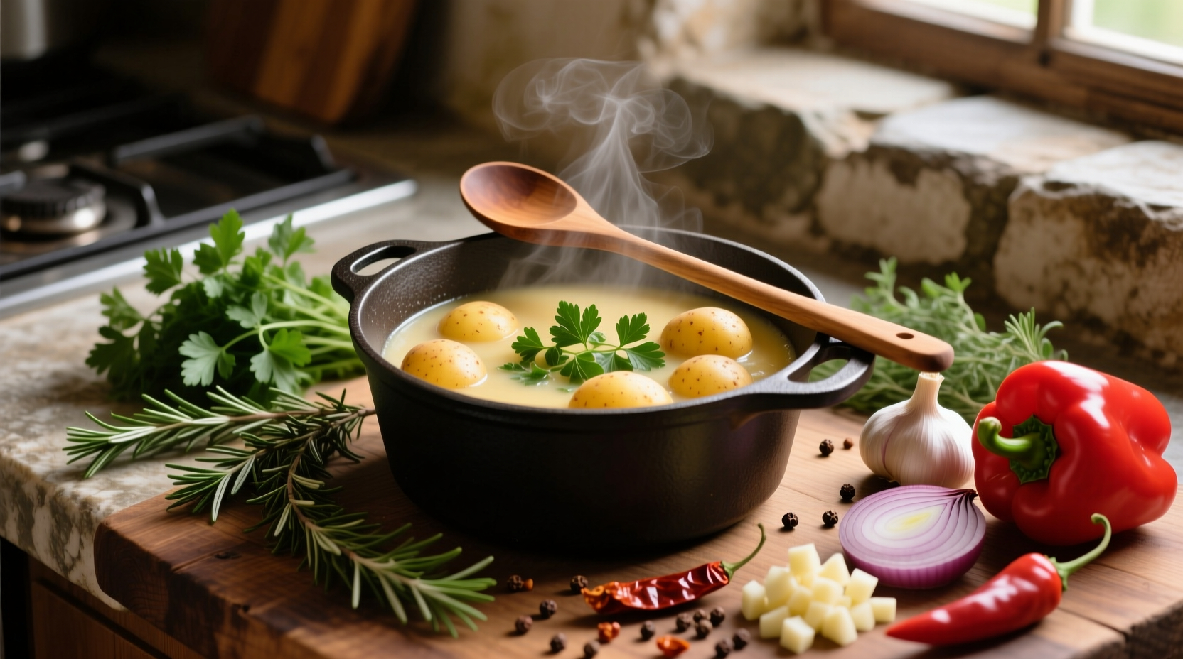 Fresh herbs and spices arranged for potato soup