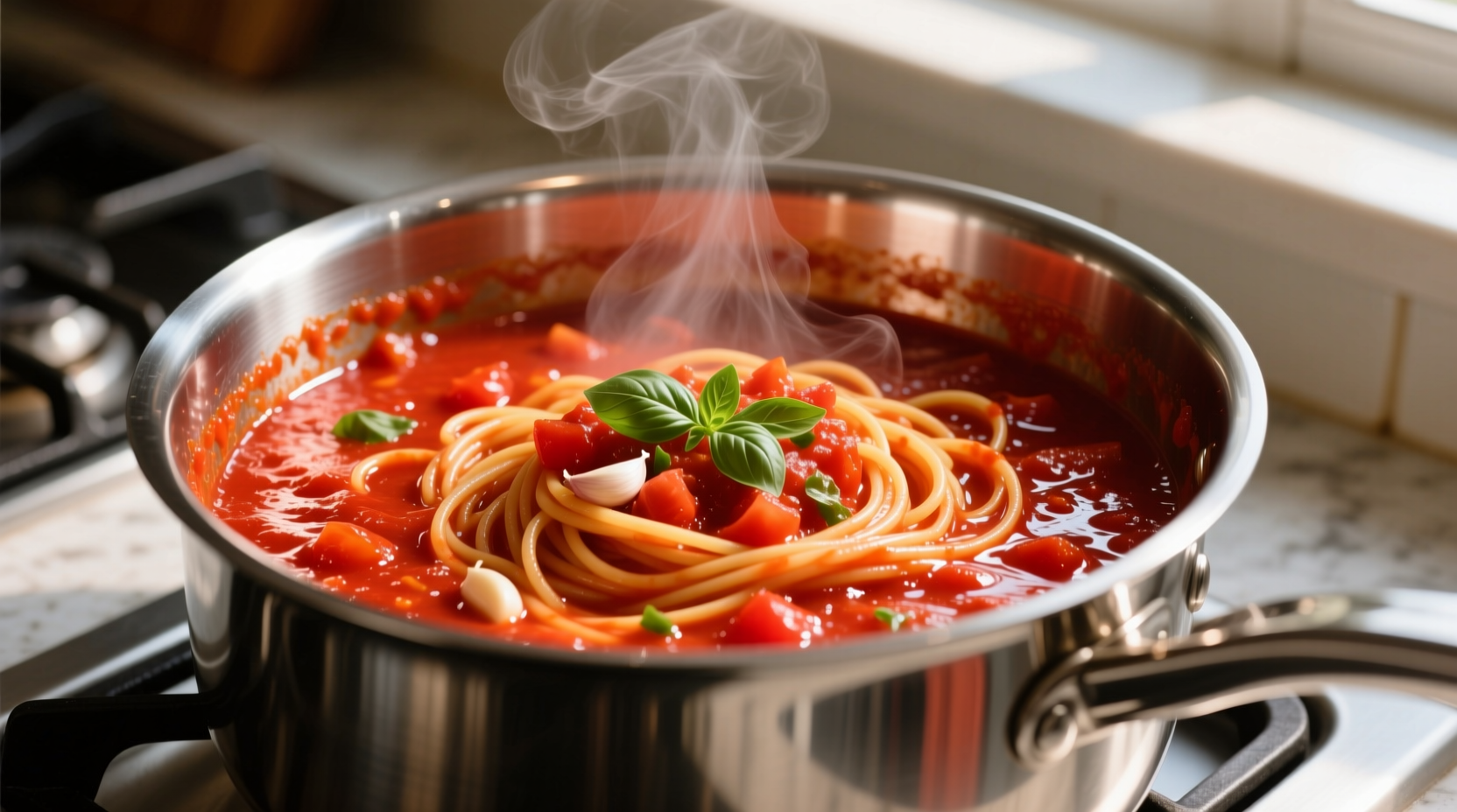 Vibrant red spaghetti sauce simmering in stainless steel pot