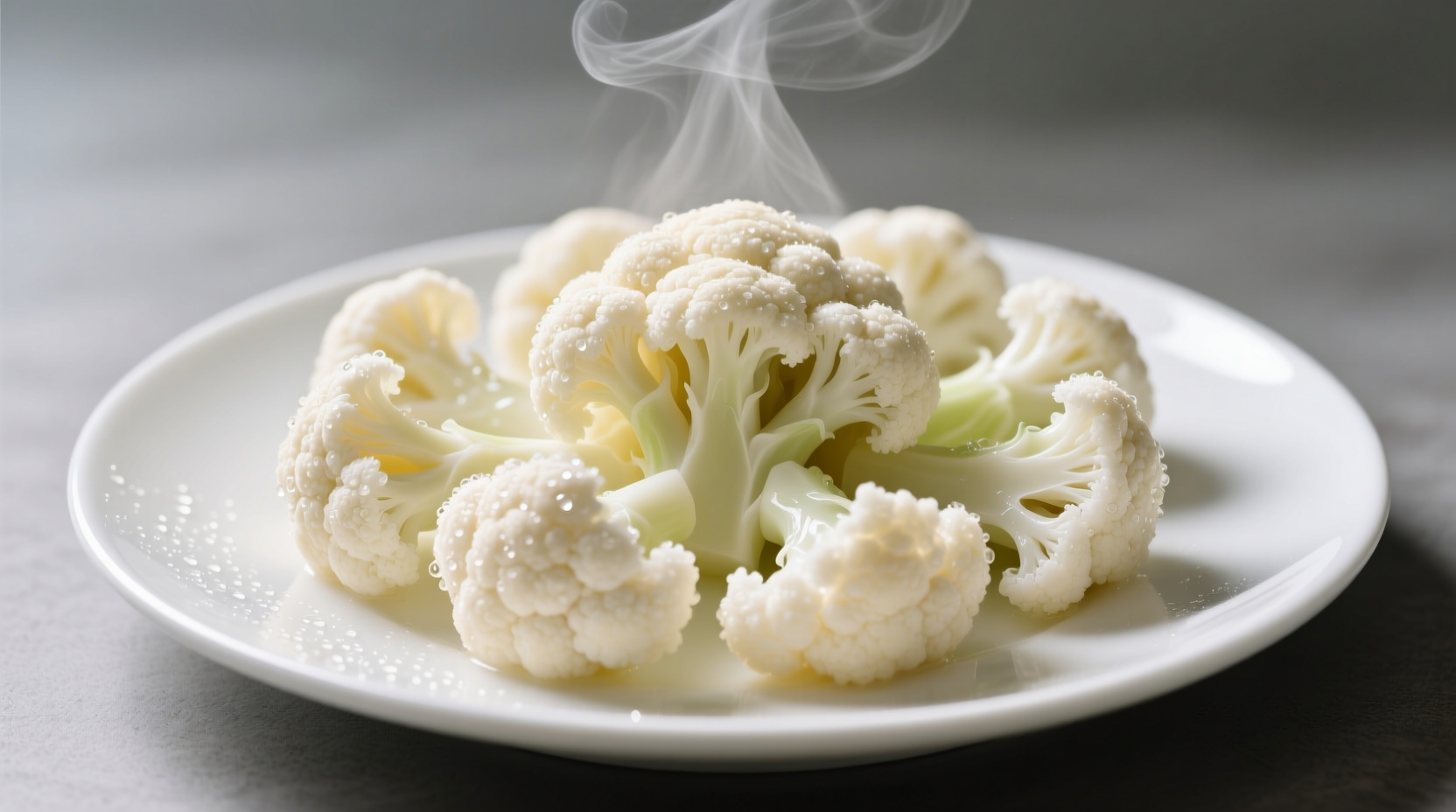 Perfectly steamed cauliflower florets on white plate