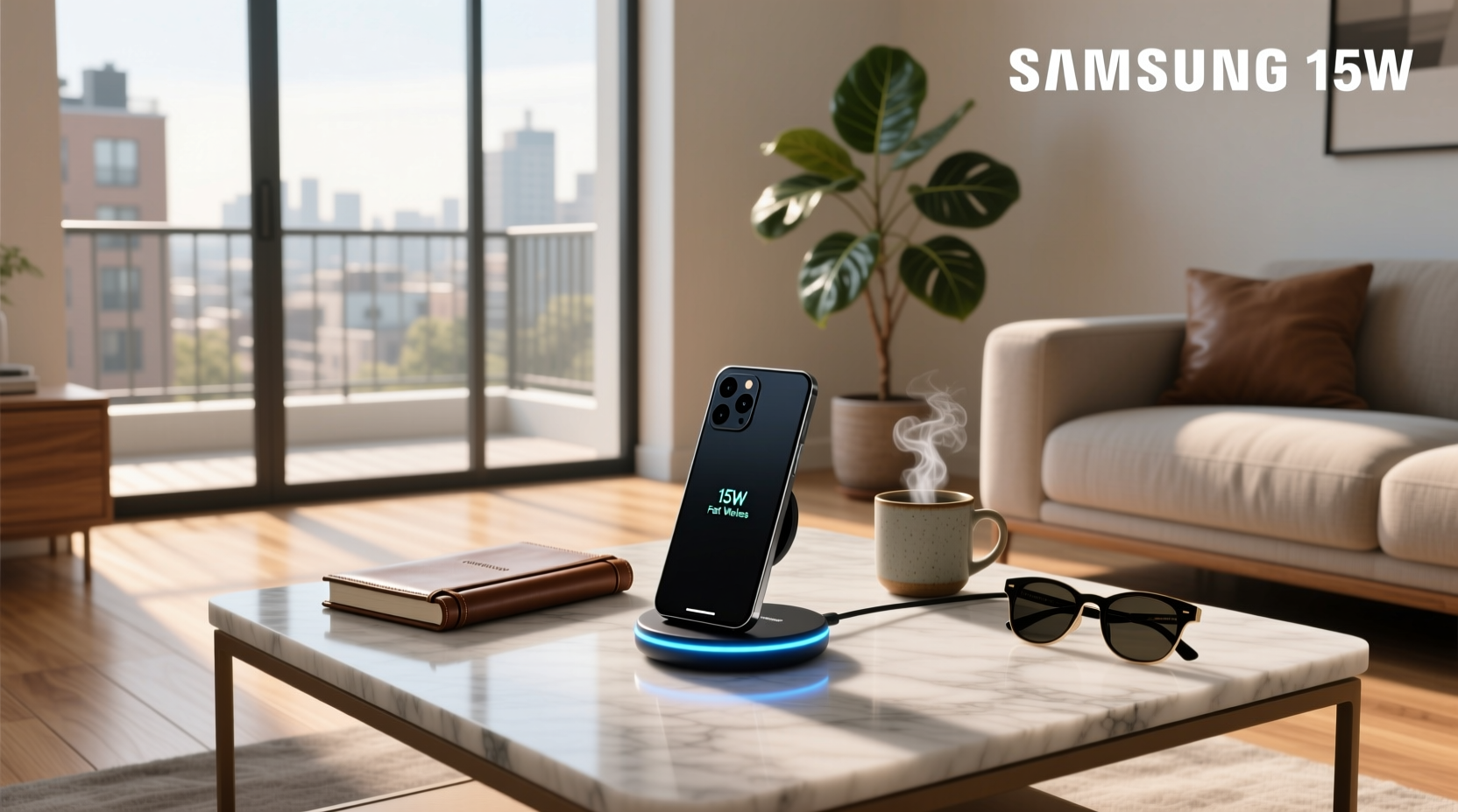 Samsung 15W fast wireless charger on wooden surface