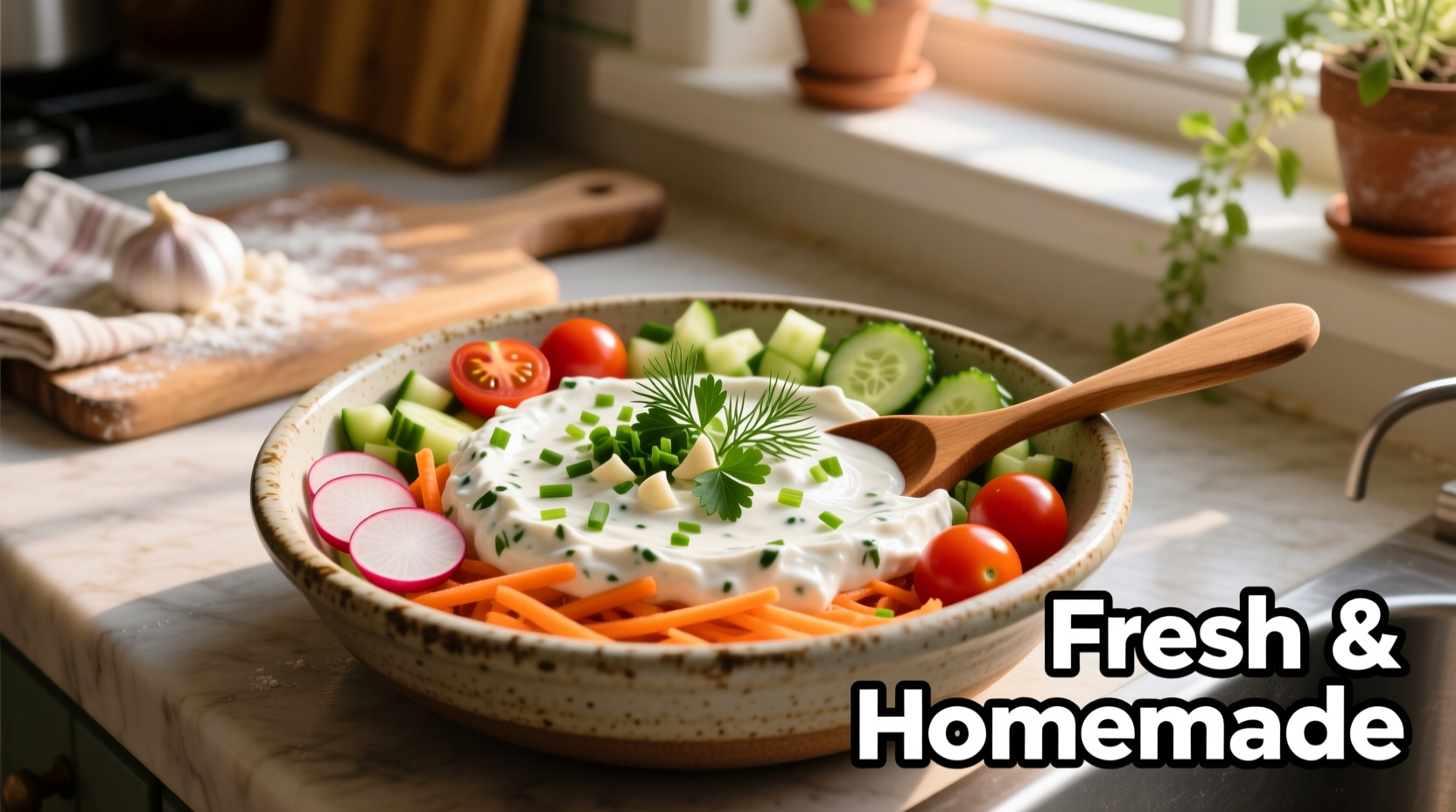Homemade garlic dip with fresh herbs and vegetables
