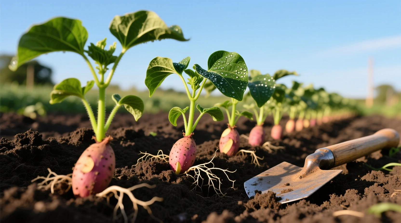 Sweet potato slips ready for planting in garden soil