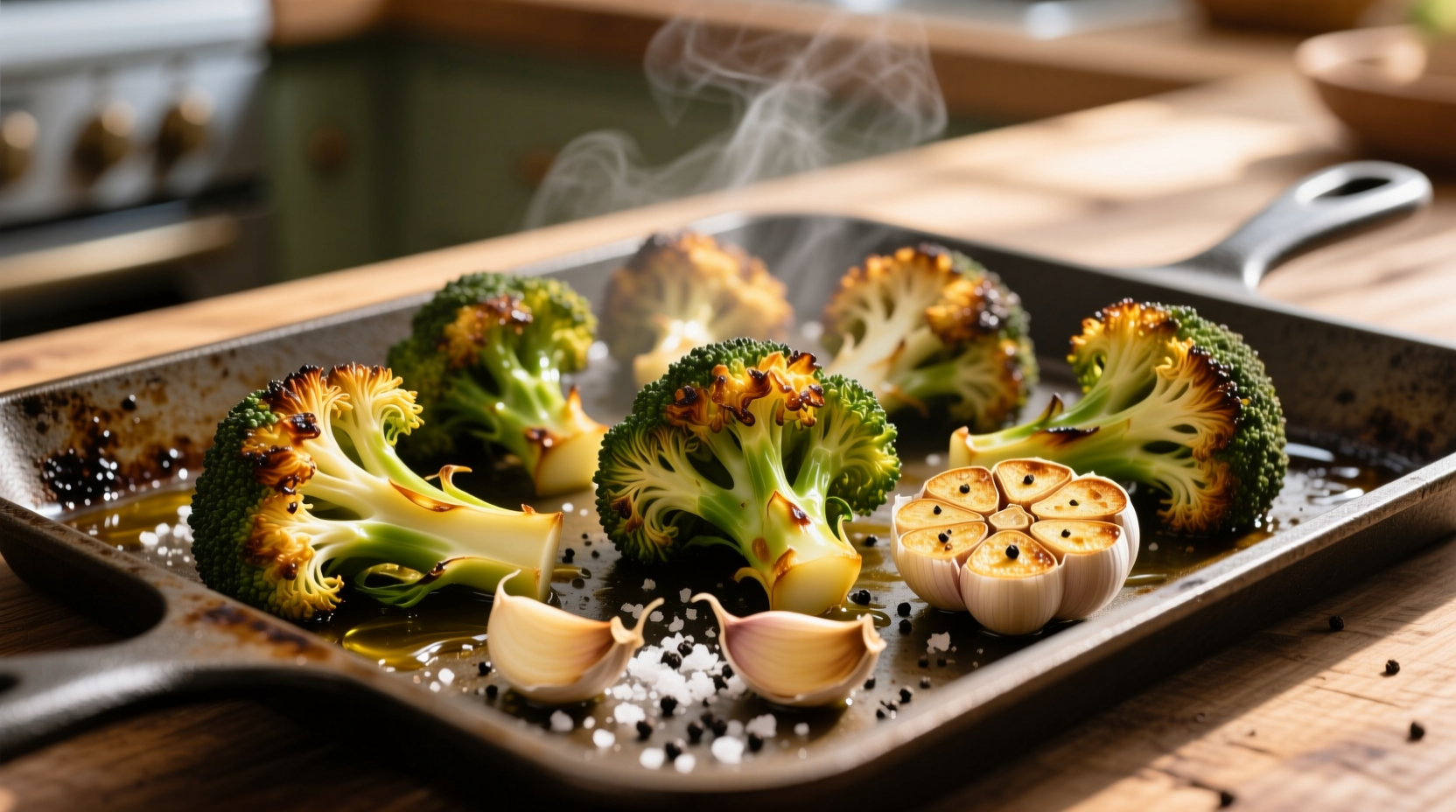 Golden roasted broccoli with garlic cloves on baking sheet