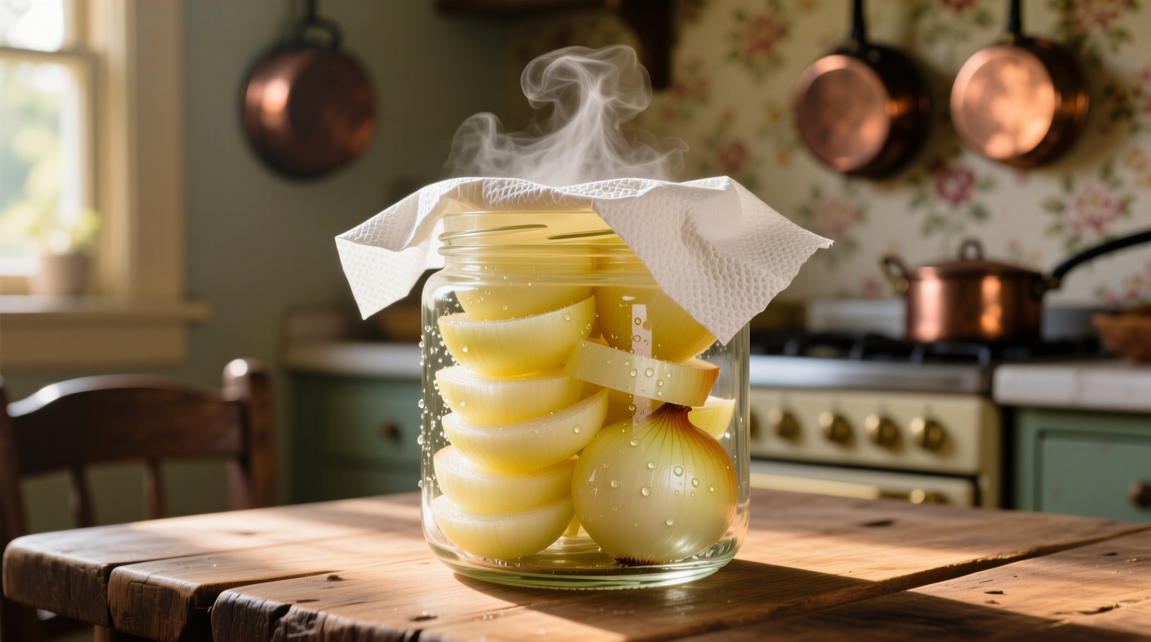 Fresh cut onions stored in glass container with paper towel