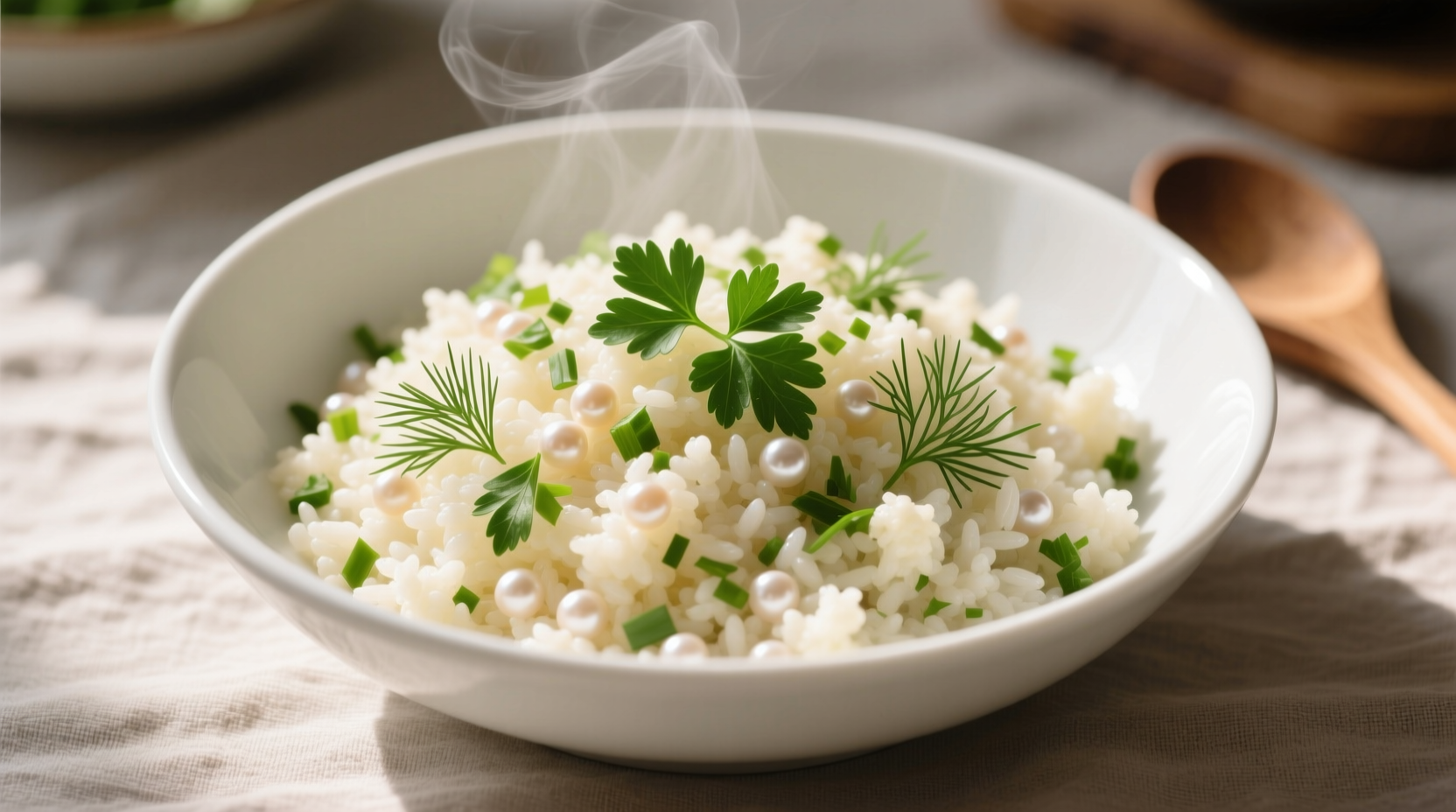 Fresh cauliflower rice in a white bowl with herbs