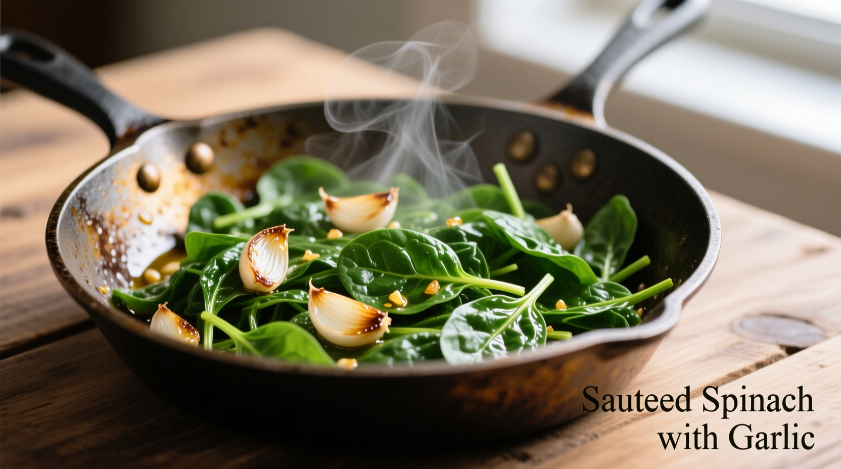 Perfectly sautéed spinach in a skillet with garlic