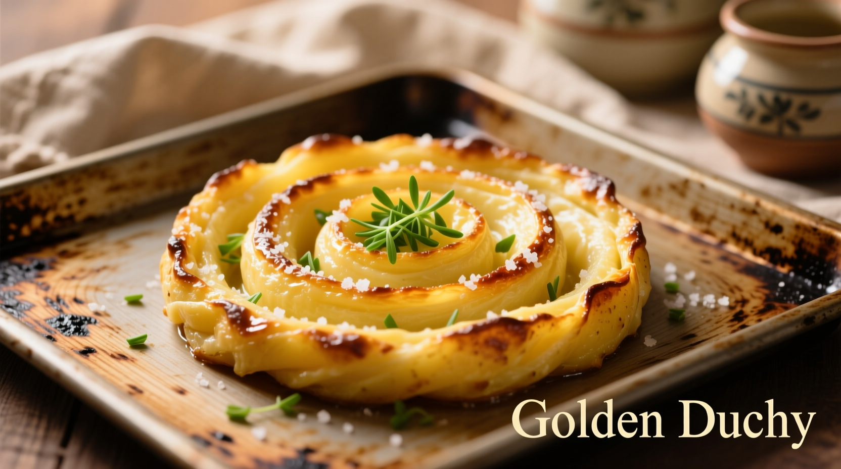 Golden potato duchess swirls on baking sheet