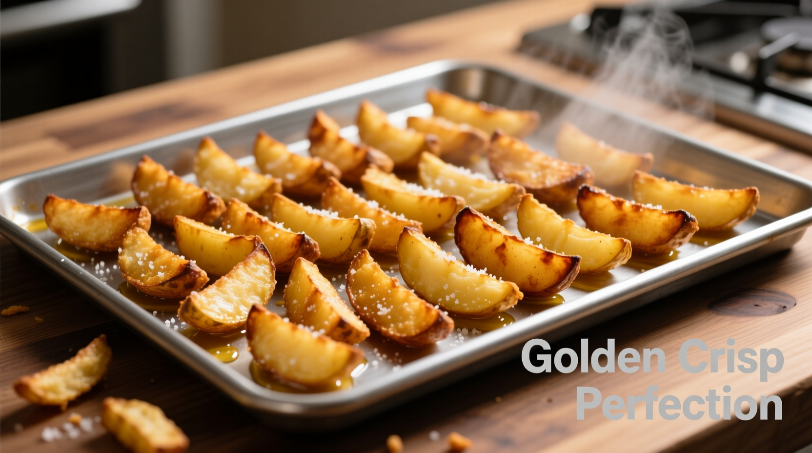 Perfect golden oven fries on baking sheet