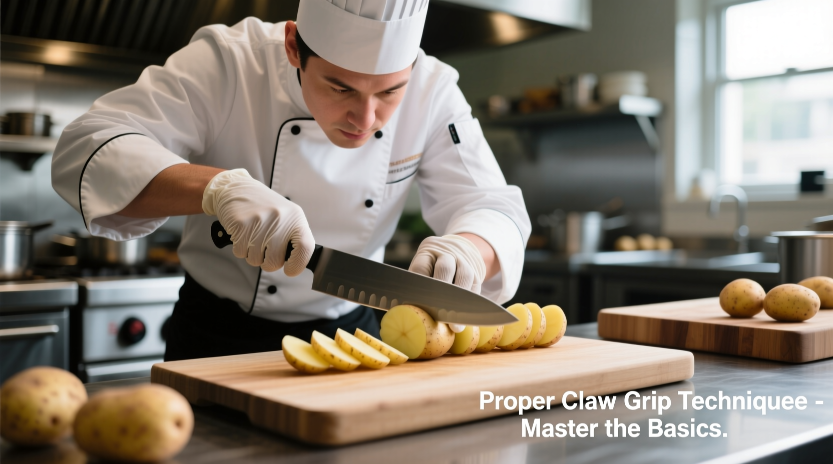 Chef demonstrating proper claw grip technique while cutting potato wedges