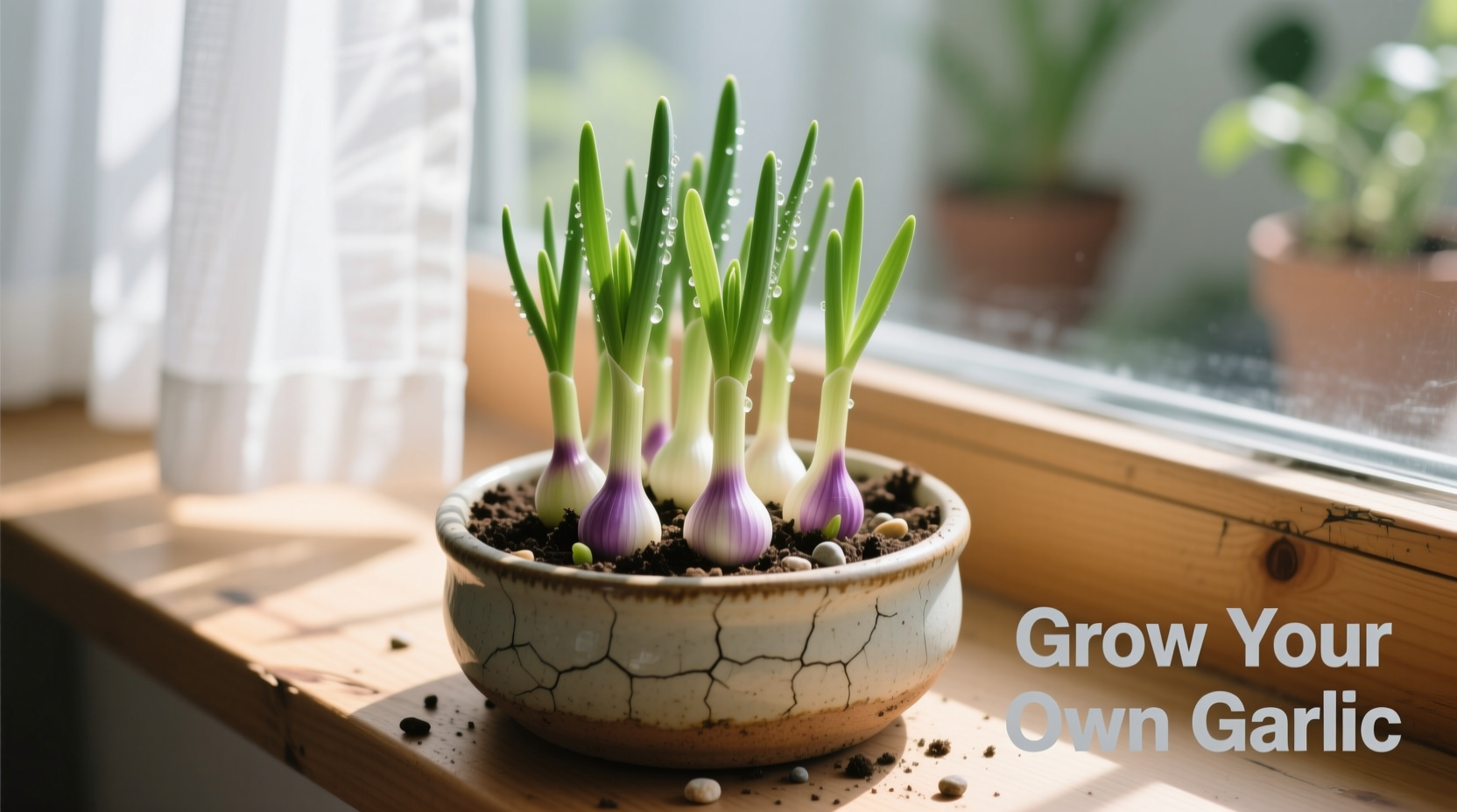 Indoor garlic growing in container on windowsill