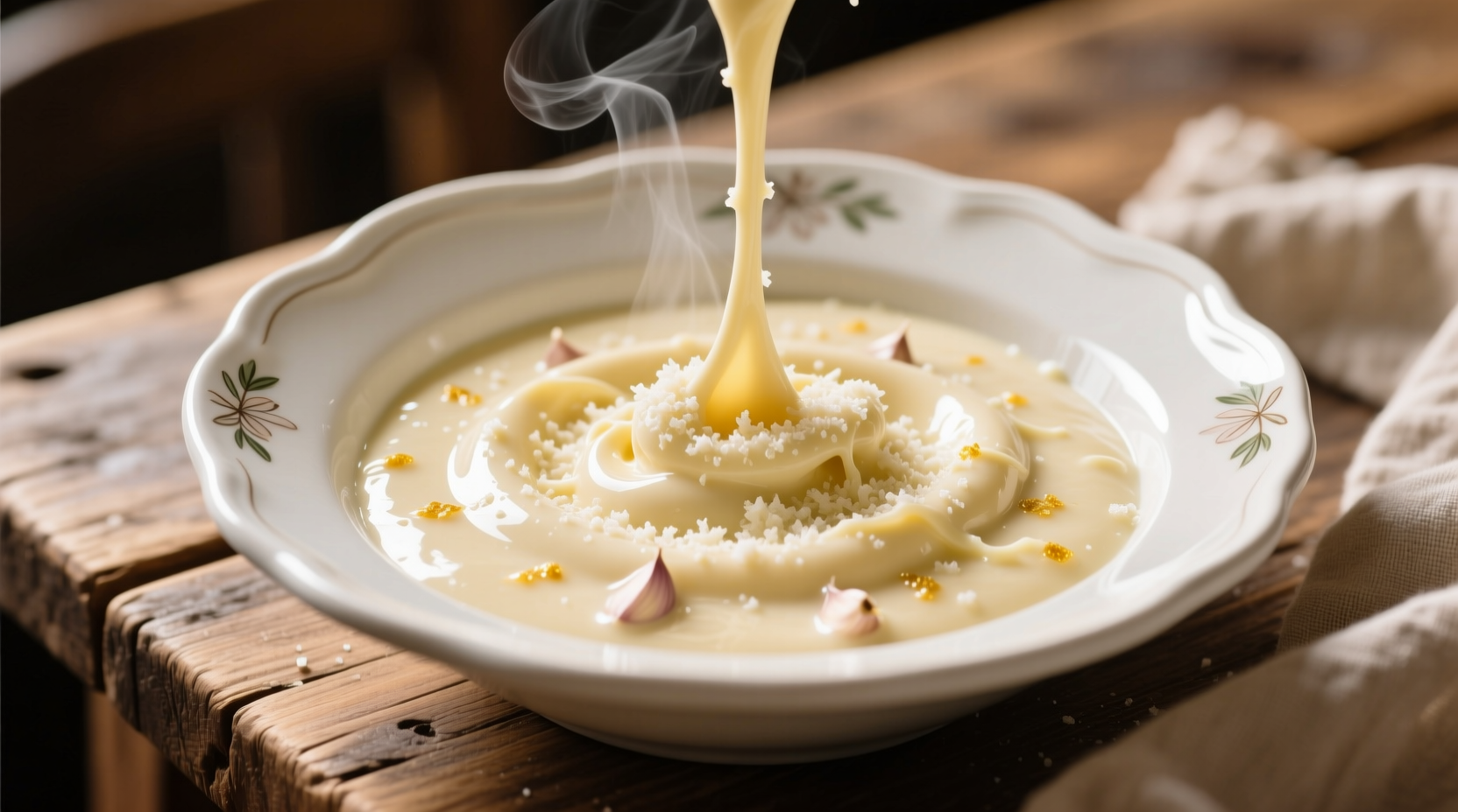Creamy garlic parmesan sauce in white ceramic bowl