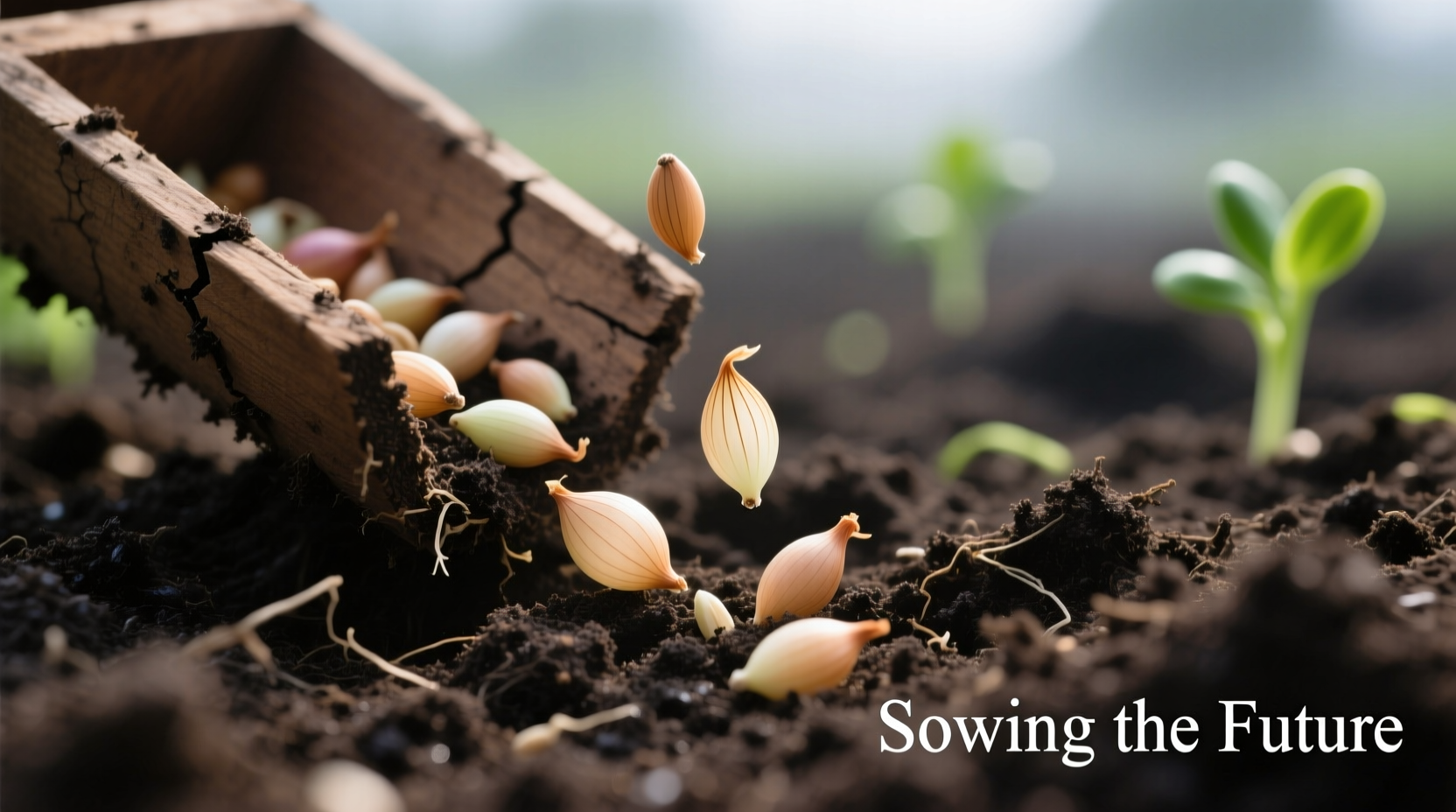 Close-up of onion seeds being sown in garden soil