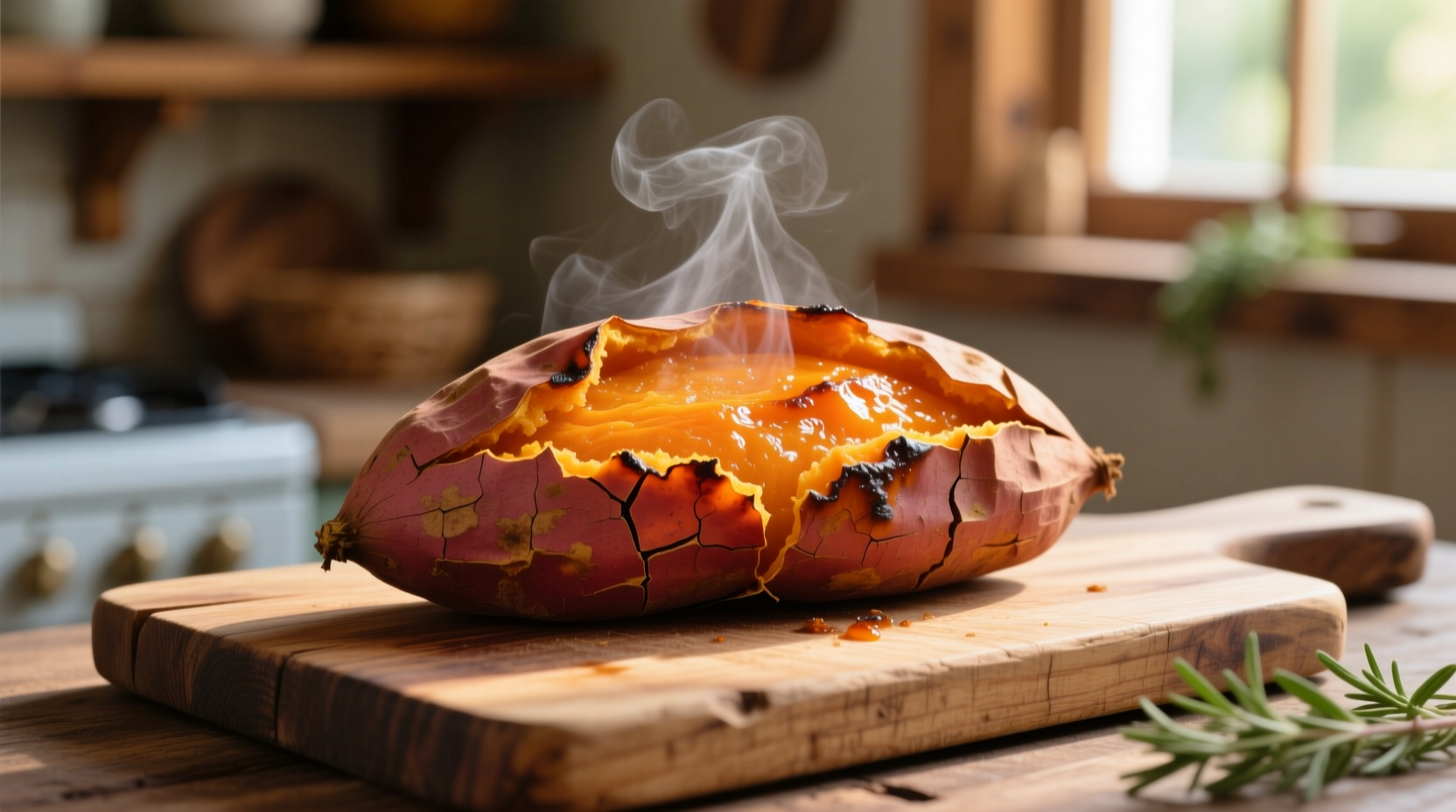 Freshly baked sweet potato on wooden cutting board