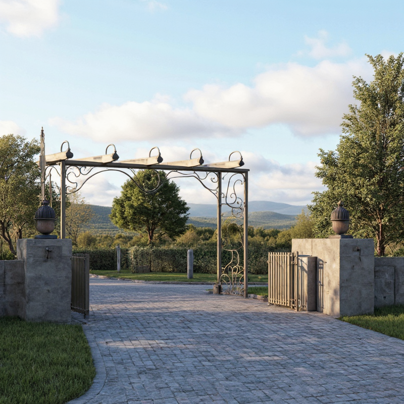 Driveway Gates for Size,application:house featuring elegant wrought iron design and intricate detailing.