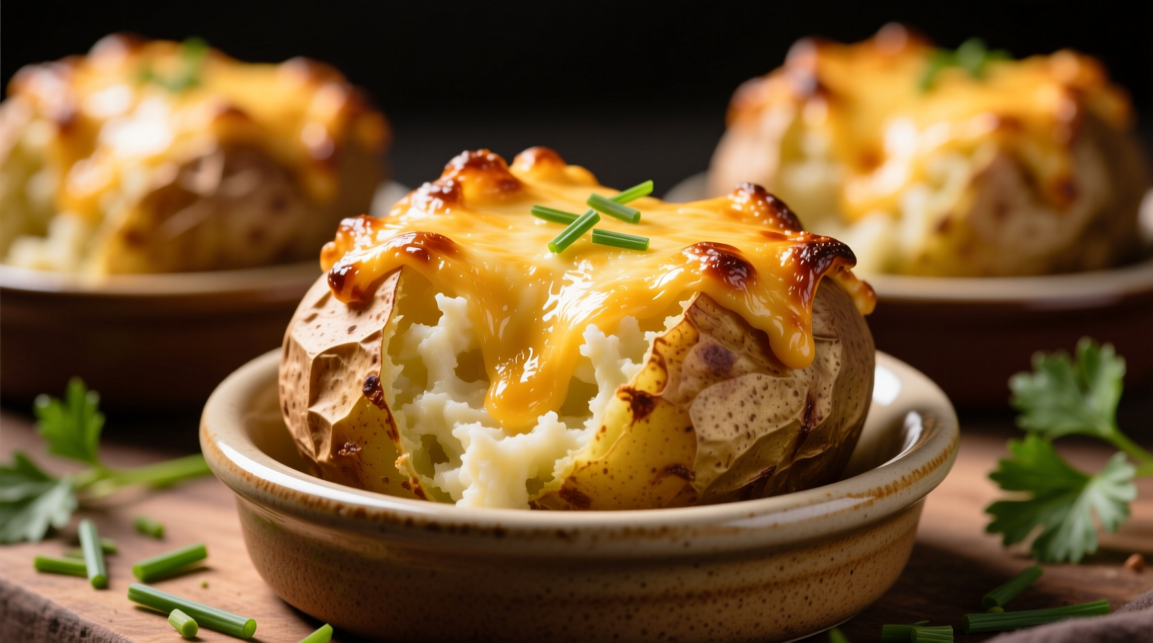 Golden twice baked potatoes with melted cheese topping