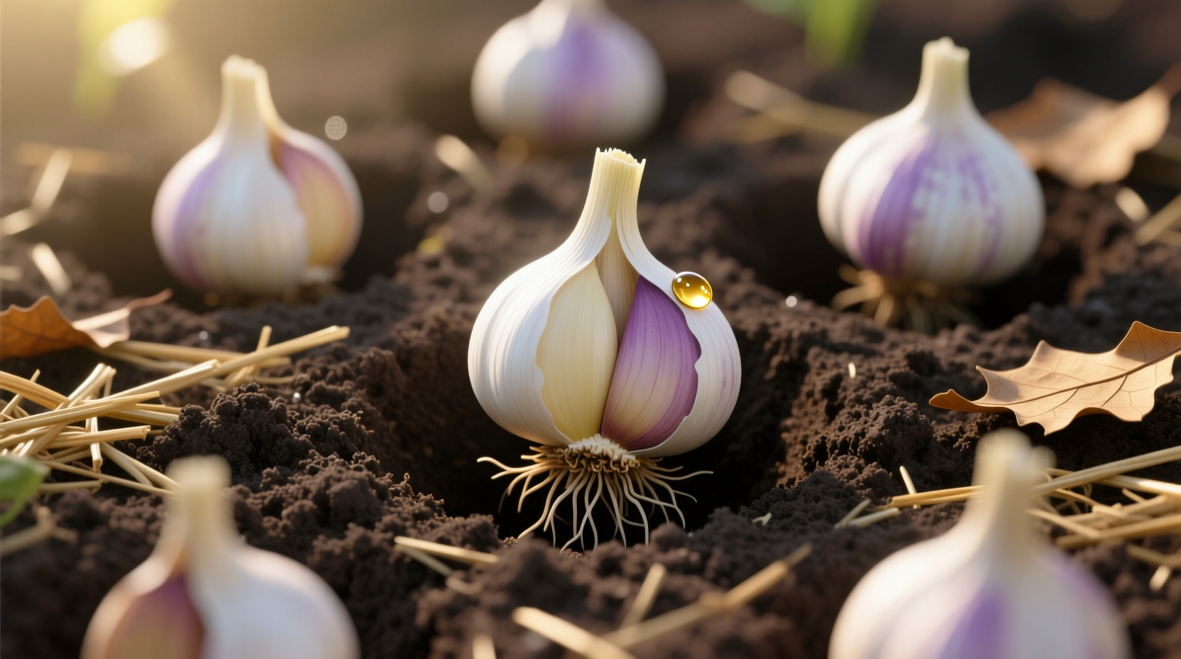 Garlic cloves planted in well-prepared garden soil with mulch