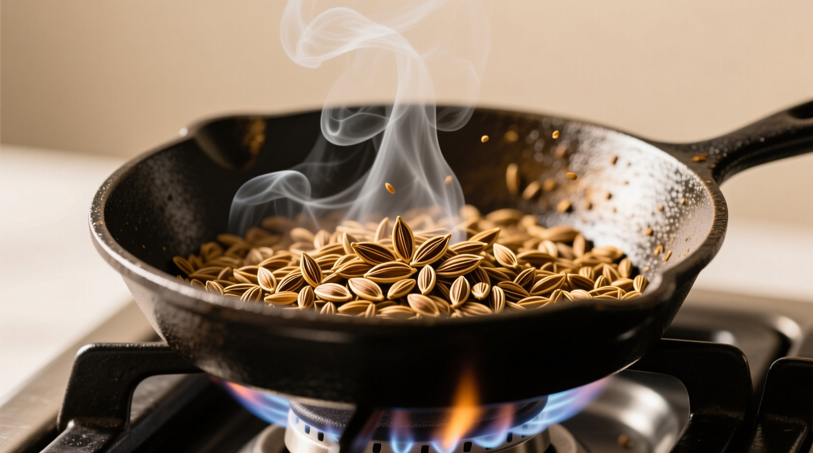 Chef toasting whole cumin seeds in a dry skillet, showing steam rising from the pan