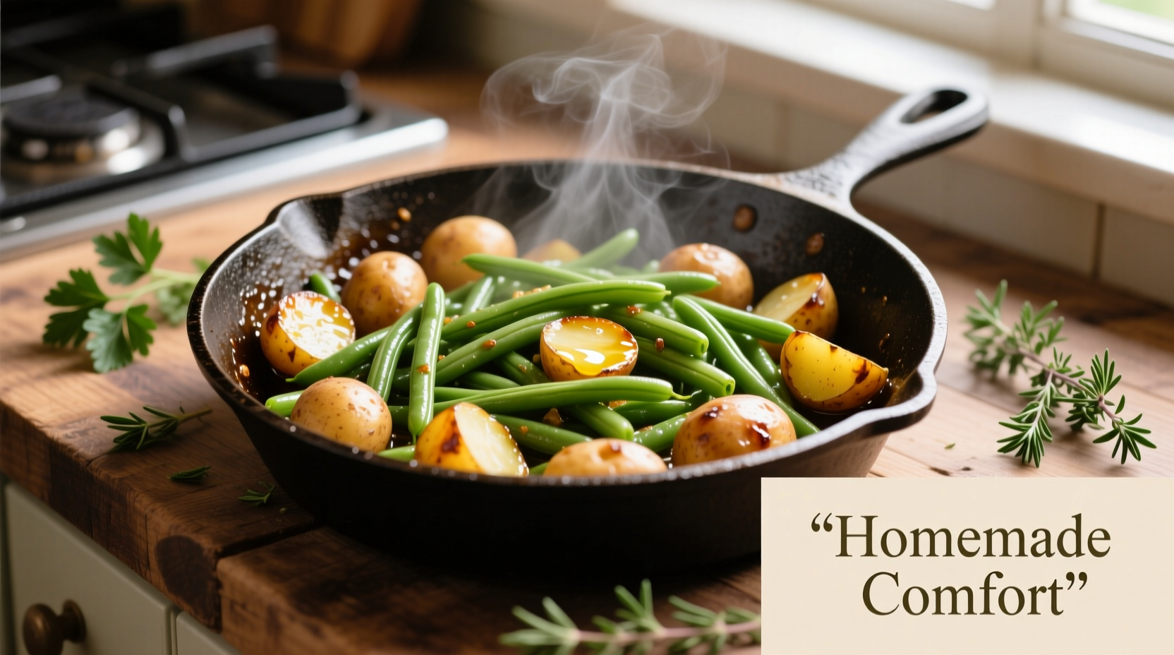 String beans and potatoes sautéed in cast iron skillet