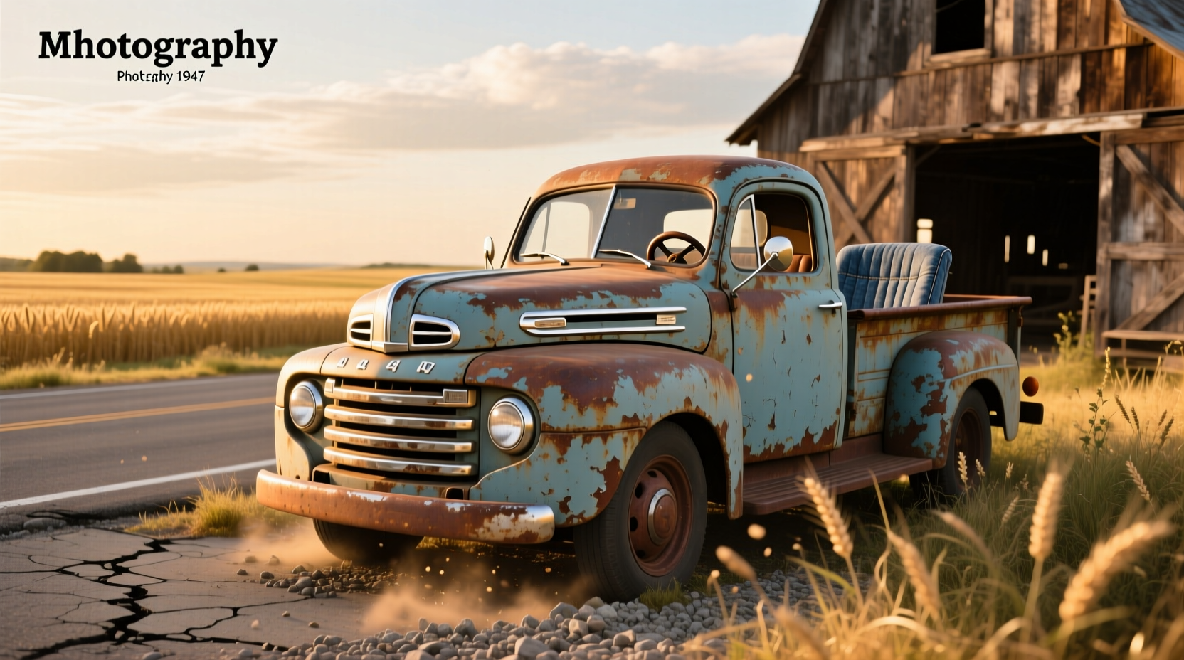 Side profile of a 1947 Ford pickup parked on gravel, showing original body lines and steel wheels