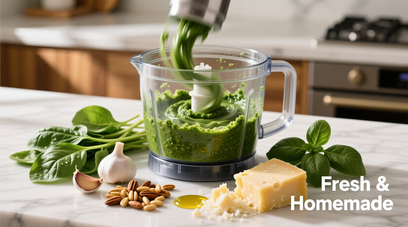 Fresh spinach basil pesto in food processor with ingredients