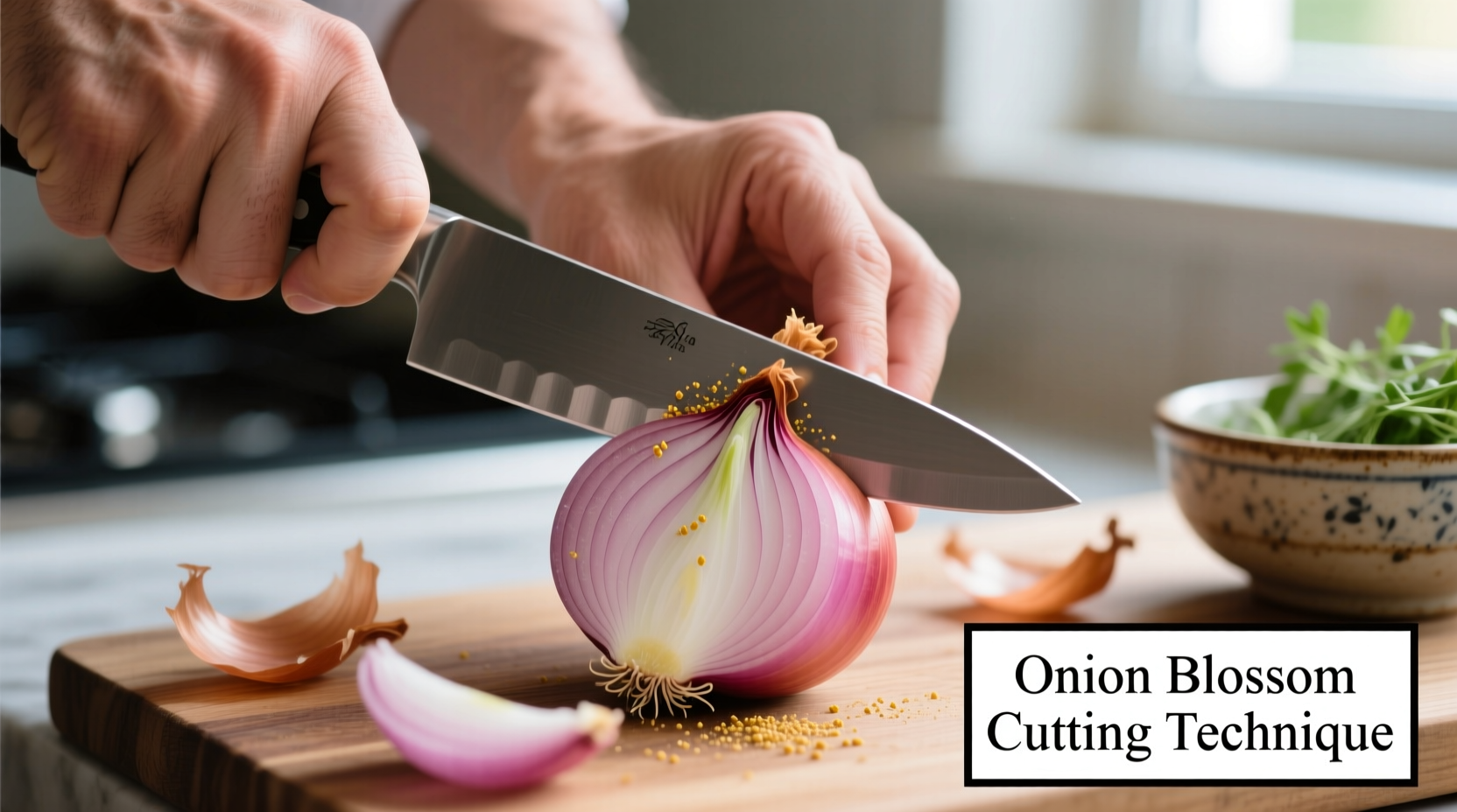 Hand demonstrating onion blossom cutting technique