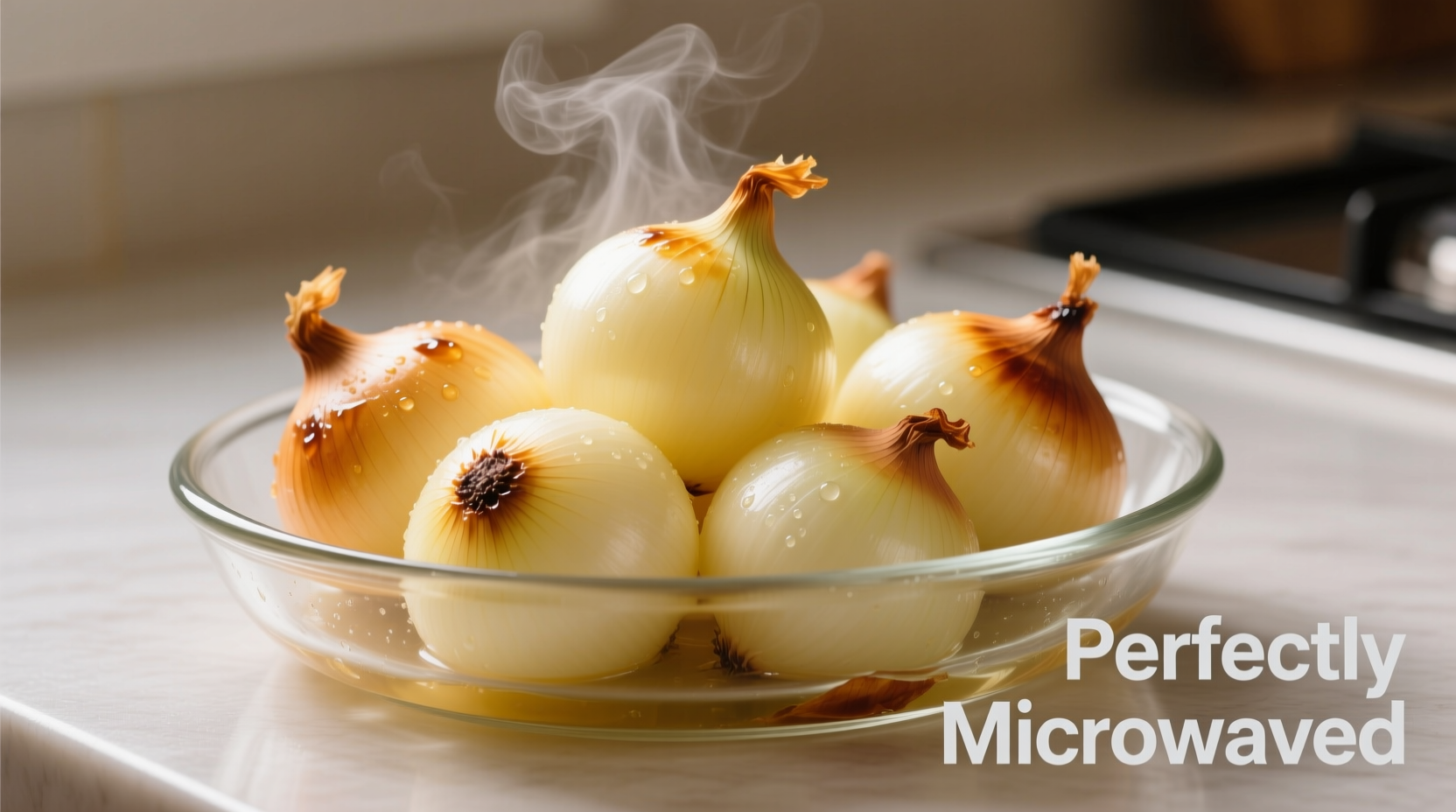 Microwaved onions in glass dish showing perfect softening